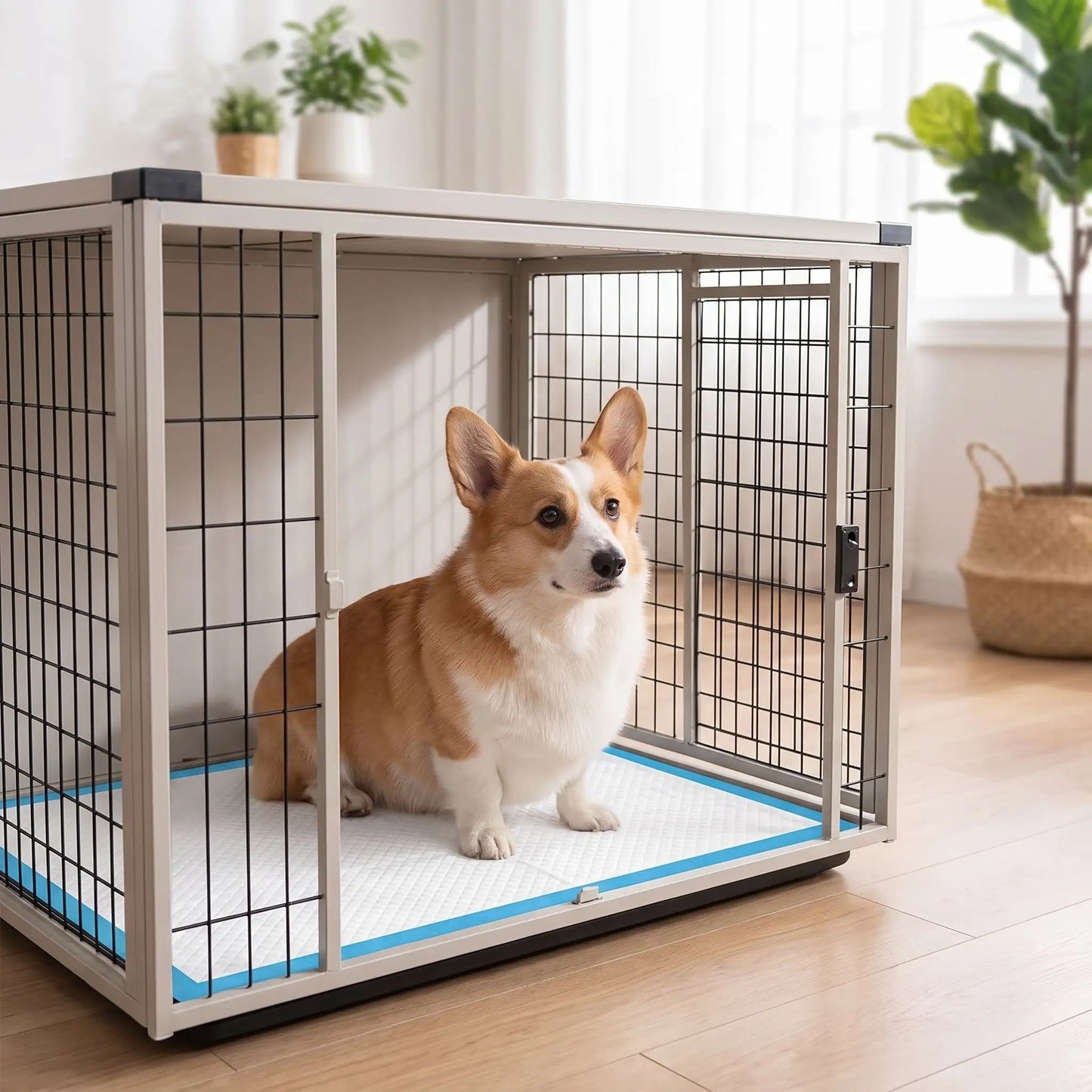 Aleses-jetables-pour-chiens-chiot-absorbantes, 5 couches, coton PP, imperméable vendues par lot de 100, 50, 40 ou 30 pièces et disponible en 4 tailles : S, M, L et XXL pour protection de meuble, de literie , apprentissage de propreté, incontinence, post-opératoire pour chiot et chien de petite à moyenne race-un chien de race moyenne assis confortablement sur l'alèse jetable pour chien fixé par ses 4 coins adhésifs sur le fond de sa cage interieur pour chien dans le salon de la maison