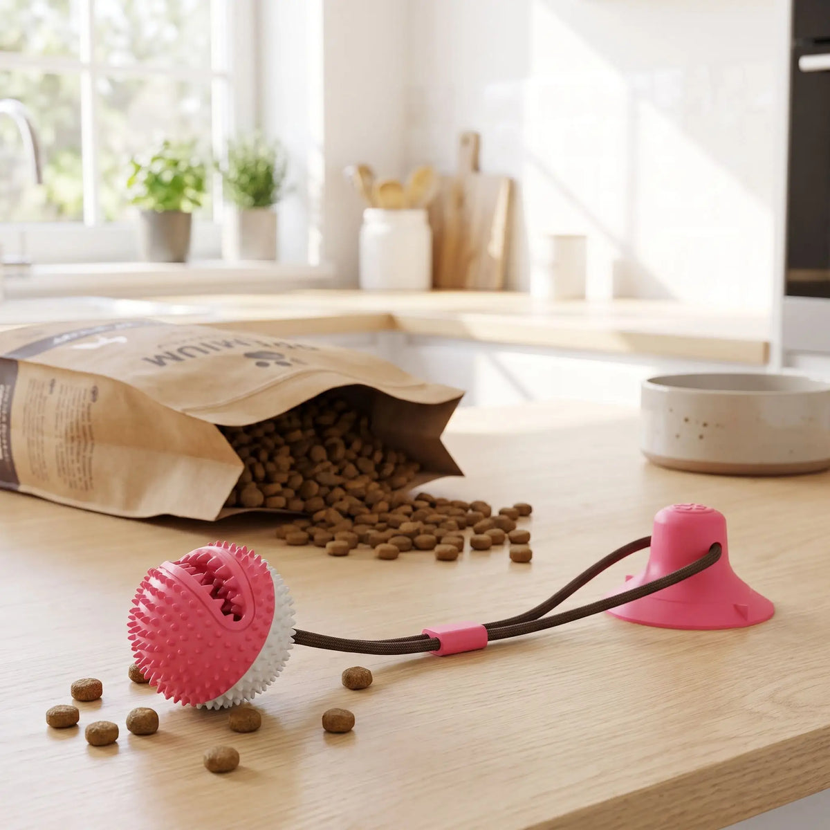 Balle-pour-chien-avec-ventouse-chiot-distributeur-de-croquette en caoutchouc naturel solide et écoresponsable, lavable, jouet d'occupation alimentaire, jeu de recherche et récompense, balle de 8 cm de diamÚtre adapté au race moyenne à grande, cordon extensible robuste pour des jeux de tire à la corde autonome avec sa ventouse imperméable qui colle sur toutes surfaces lisses-gros plan sur la balle à friandises dentelés remplies de croquettes pour un nettoyage bucco dentaire ludique avec sa corde et ventouse