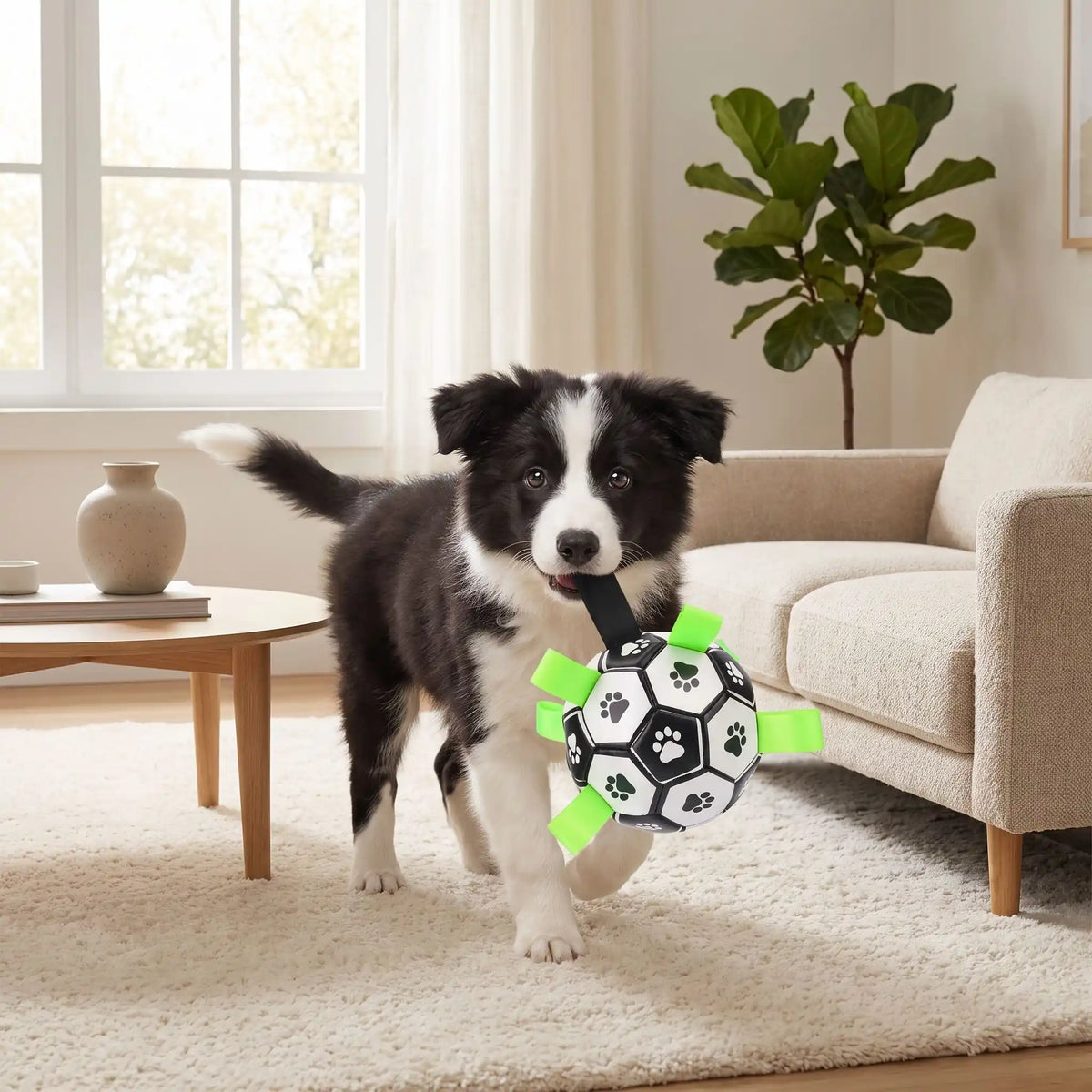 Balle-pour-chien-de-foot-chiot-avec-sangles en nylon robuste pour une meilleur préhension, gonflable avec pompe fournie, TPU sans danger, rembourrage caoutchouc naturel et coutures solides en coton, écoresponsable et sans danger, ballon rebondissant et flottant de 15 cm de diamètre idéal pour les chiots et chien de petite à moyenne taille-un chiot de moyenne race qui tient fièrement son ballon de foot par la grande sangle noir dans le salon de la maison