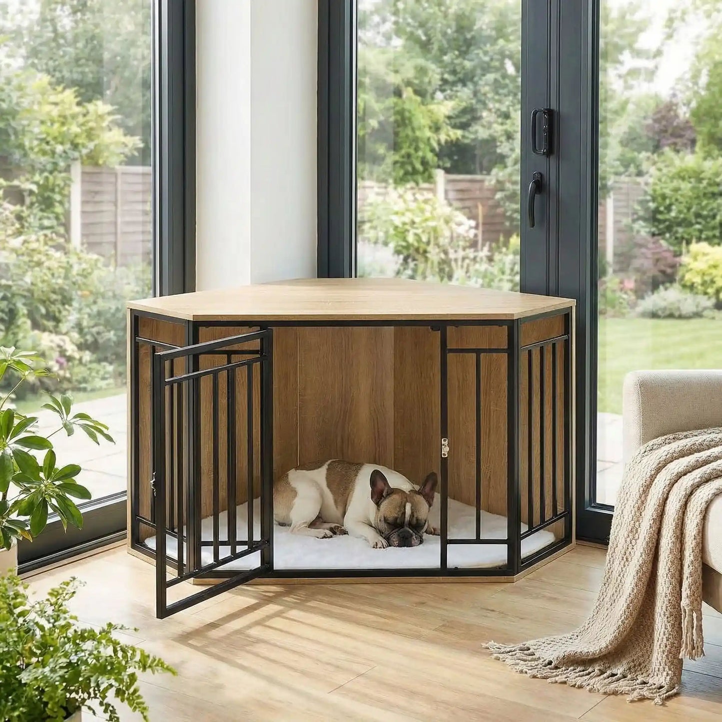 Cage-chien-interieur-chiot-meuble d'angle niche pour chiot et chien de petite Ă moyenne taille en bois et grilles avec porte verrouillable en acier et son coussin intĂ©rieur ultra-doux en sherpa amovible et lavable en machine- bois couleur chĂȘne clair-un chien de petite taille qui dort paisiblement dans la cage en bois design robuste, porte ouverte avec verrou dans l'angle du mur dans la vĂ©randa de la maison