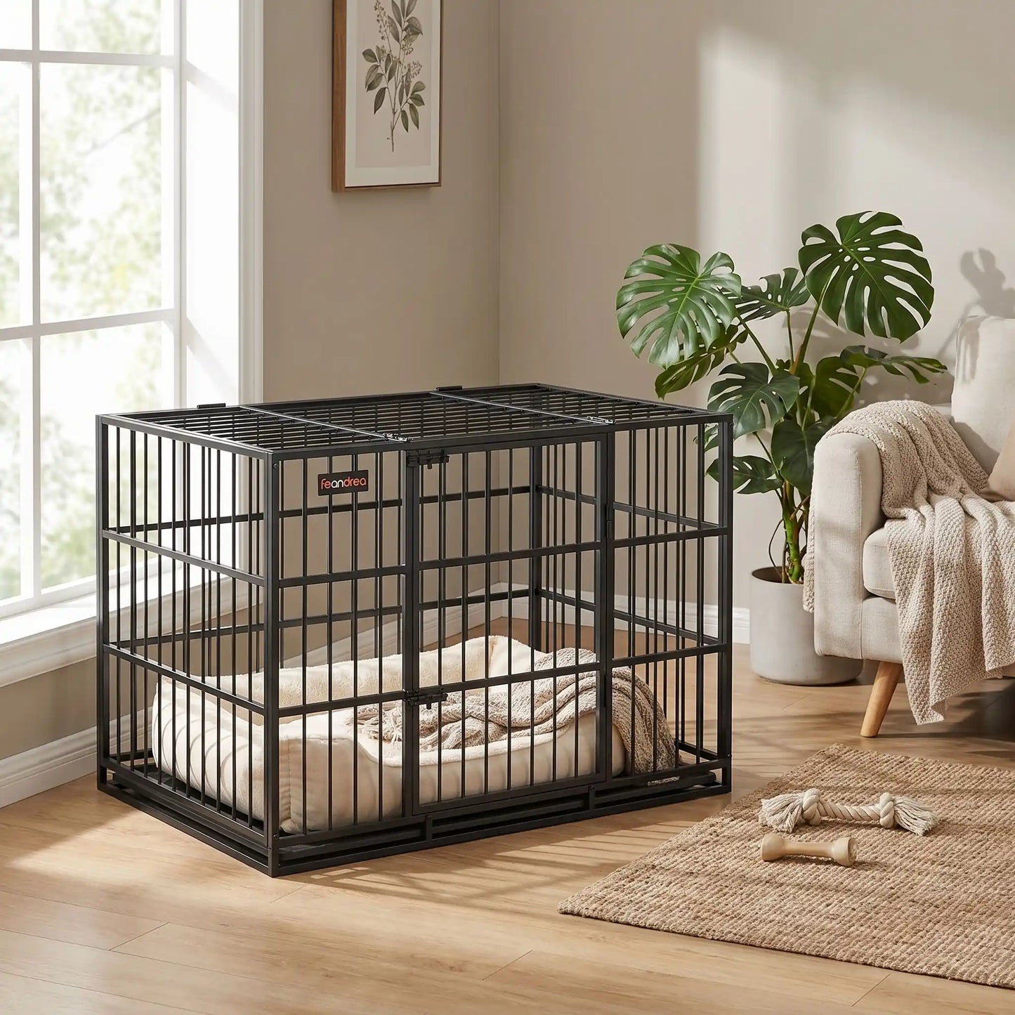 Cage-chien-interieur-chiot-xl en acier noir robuste avec 4 verrous, deux porte sur le toit et le devant pour le chien, plateau en fond amovible ramasse saleté pour un nettoyage facile et rapide gilles intérieur adapté aux chiens à pattes courtes, rectangulaire pour chiot et chien de moyenne à grande taille juqu'à 40 kg-gros plan sur la cage sécurisée en acier et metal solide pour chiot et chien dans le salon de l'appartement