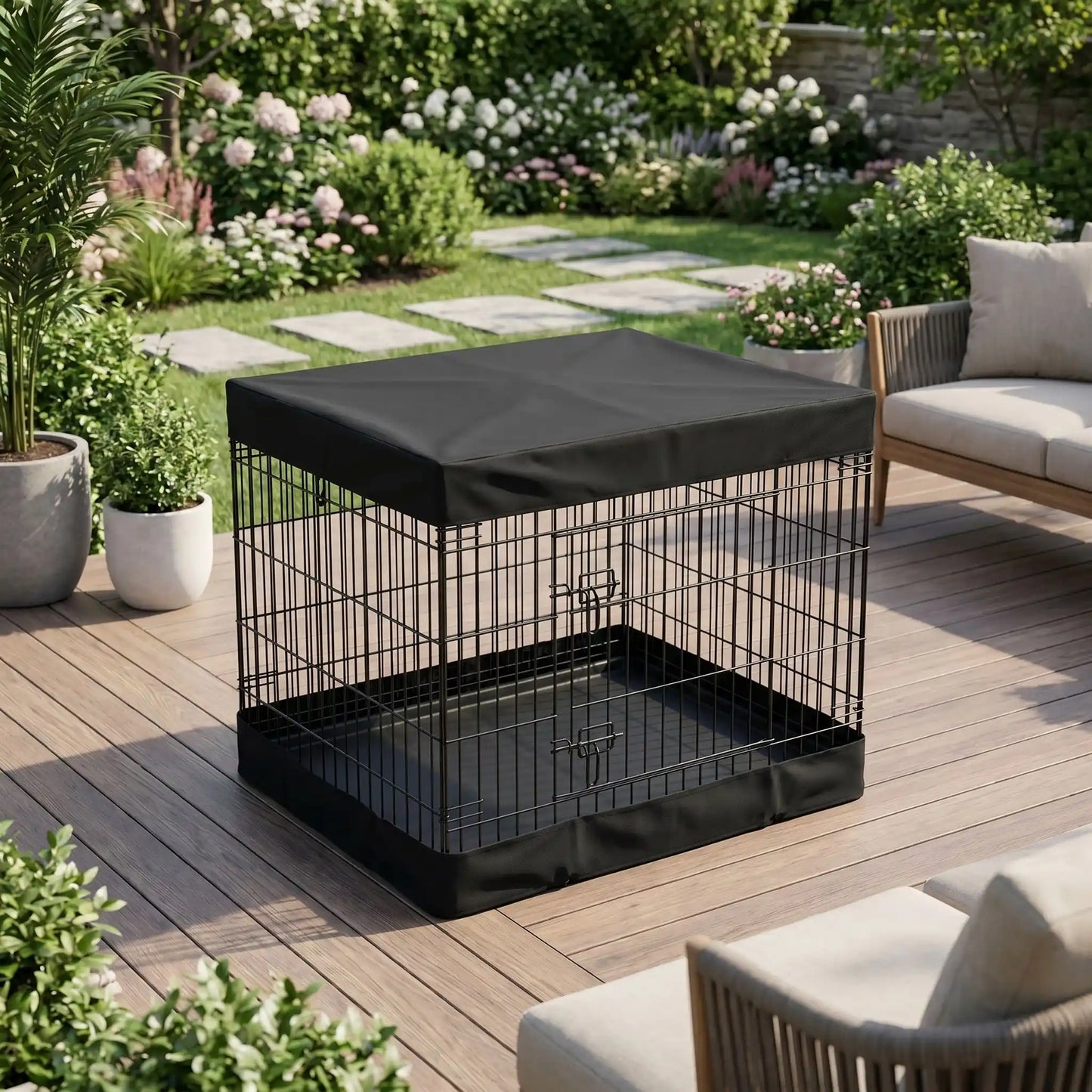 Cage-pour-chien-chiot- de petite à moyenne race, pliable à barreaux en acier carbone solide et toit et fond amovible en tissu oxford 100% imperméable et lavable, utilisation en intérieur et extérieur, légÚre et transportable pour chiot et chien de 0 à 15 kilos-gros plan sur les barreaux de la cage solide avec fond en tissu résistant et sur le toit, en version cage fermée avec la porte verrouillée avec deux loquets de sécurité sur la terrasse du jardin de la maison