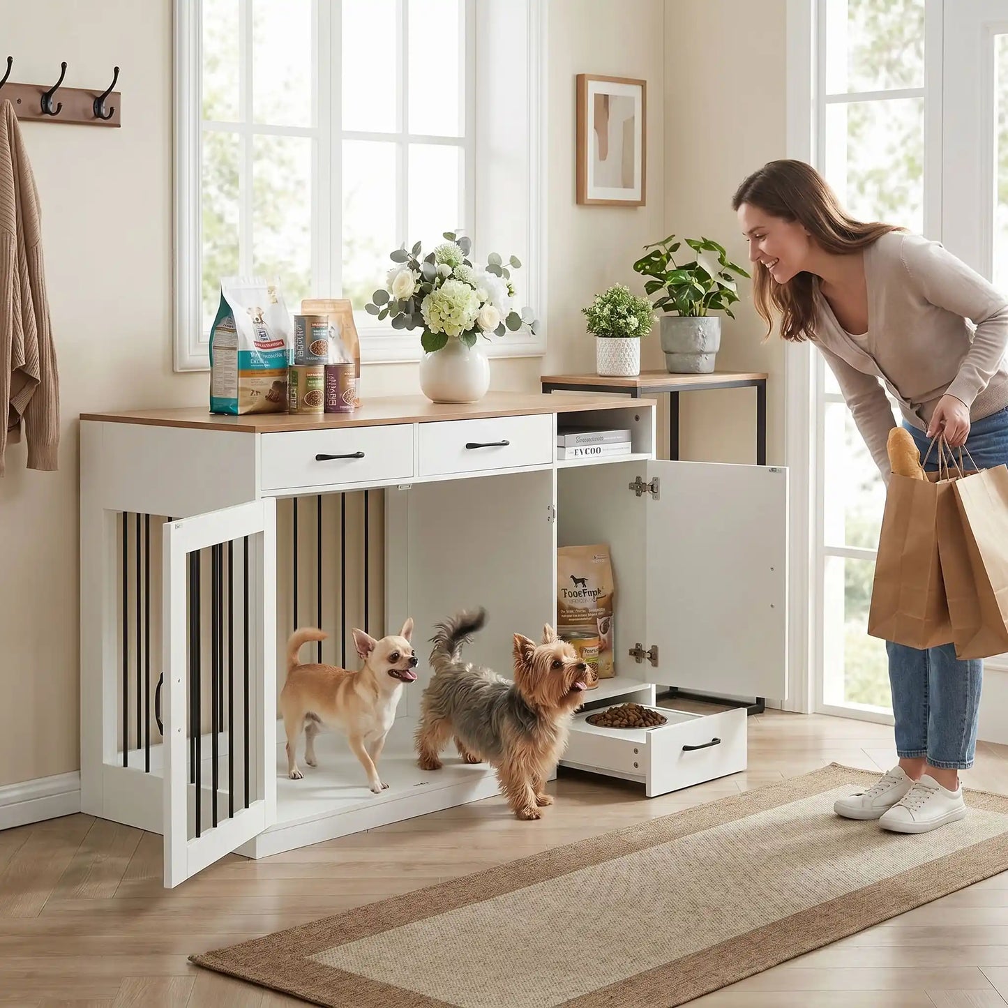 Meuble-cage-pour-chien-petit et moyenne taille-cage de 87 cm en bois foncé et blanc, 2 portes avant en barreaux acier robuste et serrure de sécurité avec deux tiroirs de rangement,une étagère intégrée et un placard de rangement, plus 3 porte laisse, collier intégré, et tiroir à roulette pour support de station d'alimentation incluant 2 gamelles inox surélevée, bois imperméable et peinture anti-rayure-deux petit chien qui sorte de la cage pour accueillir leur maitresse qui revient des courses souriante