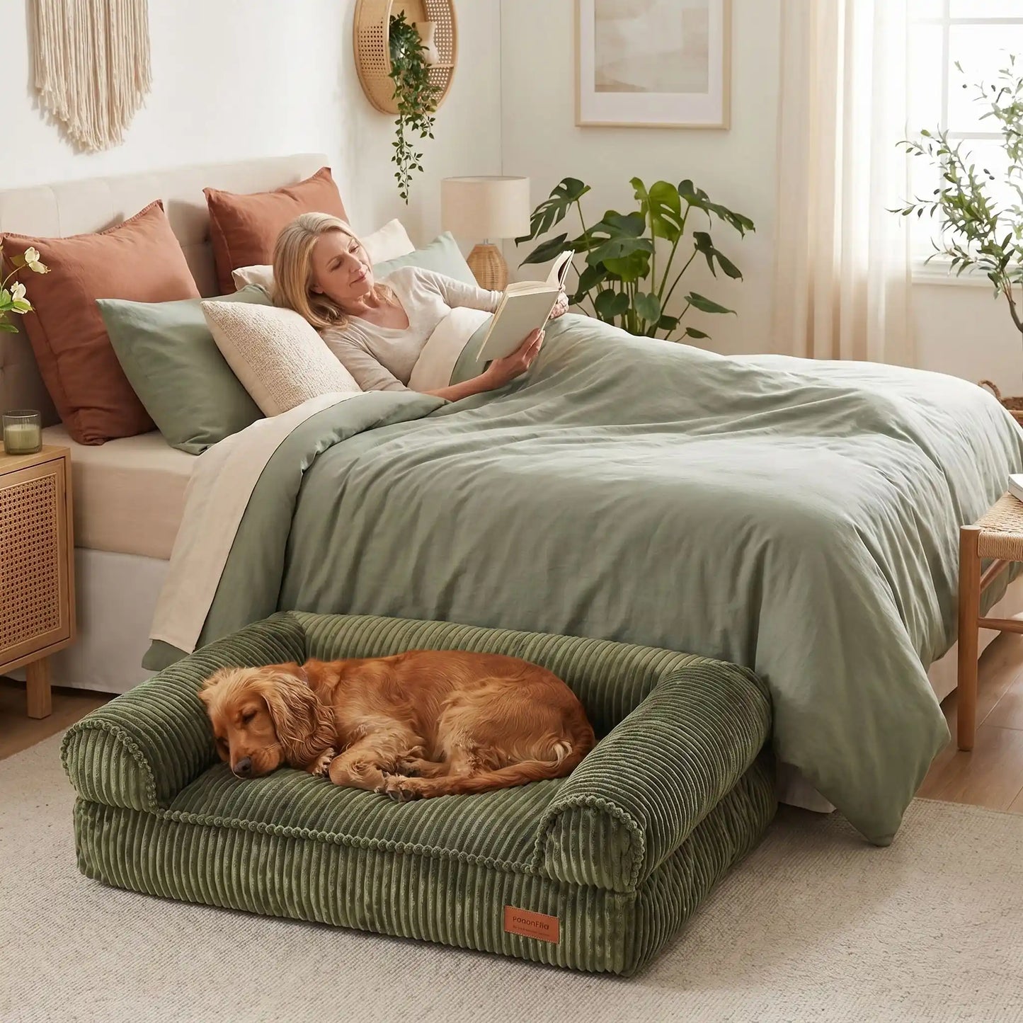 Canapé-petit-chien-chiot-lit avec housse velours résistant aux griffes, ultra doux, entièrement déhoussable et lavable en machine, rembourrage 100% coton PP et housse 100% imperméable avec son fond antidérapant pour chiot et chien de petite à moyenne taille de 0 à 15 kilos-un chien de taille moyenne qui dort niché contre les rebords moelleux du canapé lit ergonomique en velours doux de couleur vert olive à côté de sa maitresse allongée dans son lit qui lit son livre dans la chambre cosy de l'appartement