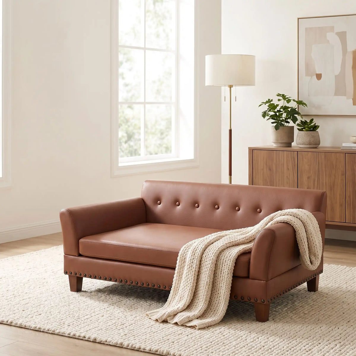 Canapé-pour-grand chien-xxl-120-cm-matelas orthopédique à mémoire de forme en coton PP épais déhoussable, 100% imperméable et résistant aux griffes en cuir PU sur 4 pieds en bois et structure robuste en bois d'eucalyptus robuste avec une capacité de charge de 100 kg pour chien de moyenne à grande taille de couleur marron- gros plan sur sur le canapé design en bois avec accoudoir et dossier matelassé rembourrage coton PP et matelas amovible orthopédique déhoussable et lavable dans le salon de la maison
