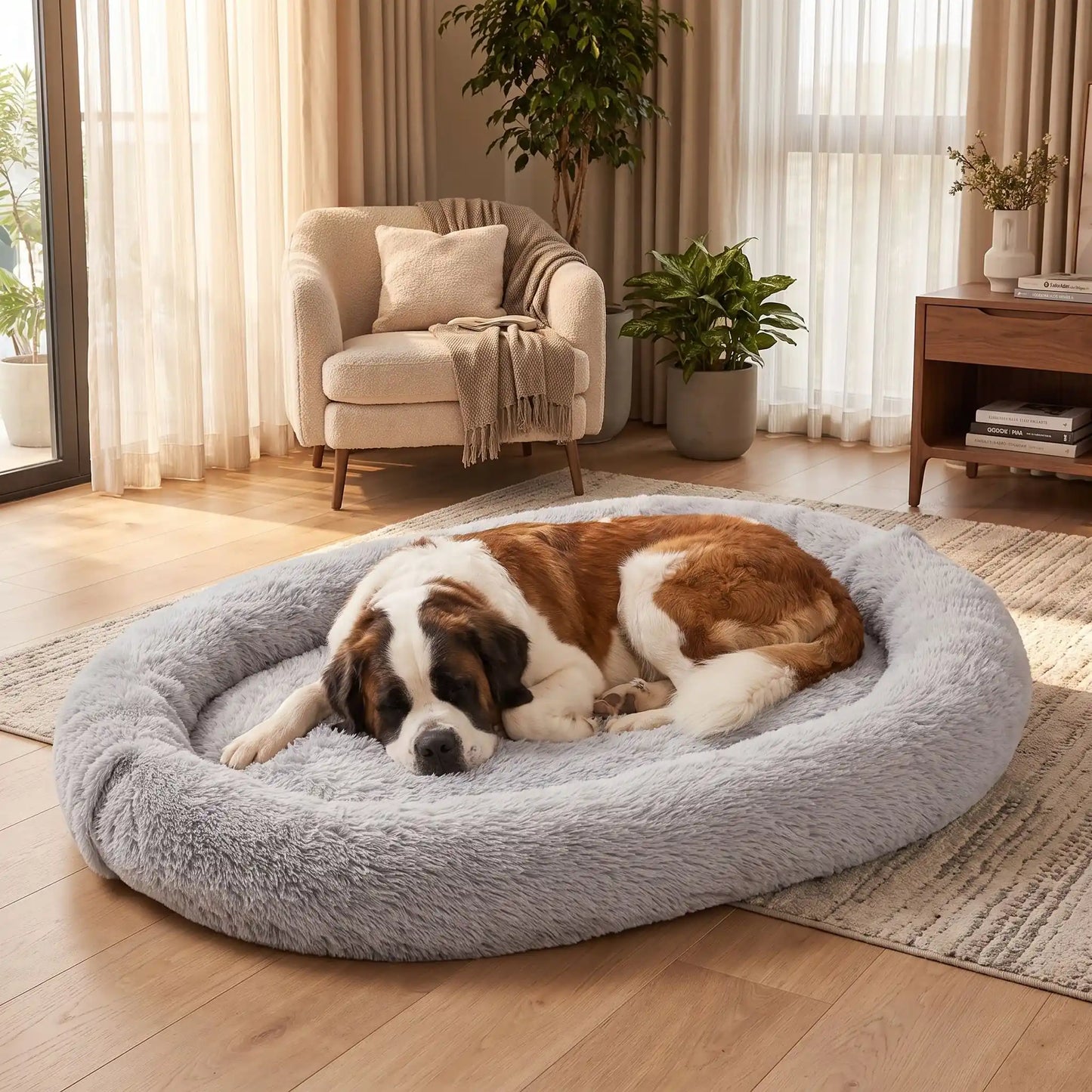 Coussin-chien-xxl-déhoussable-avec-rebord-orthopédique, matelas à mémoire de forme et rebord cylindrique surélevé 360° anti anxiété , rembourrage 100% coton PP, lit ovale en peluche, imperméable, antidérapante et lavable en machine, taille humaine pour cododo avec le chien de 176x122 cm ou couchage multi-animaux-un chien de très grande race qui dort paisiblement niché dans le grand coussin gris ultra doux avec poches de rangement sur le boudin et poignée de transport dans le salon de la maison