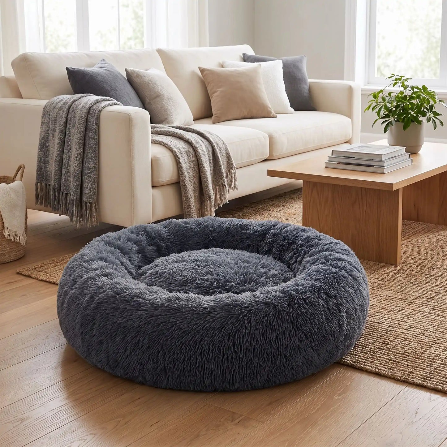 Coussin-déhoussable-pour-chien-chiot-antistress en peluche douce et hypoallergénique, lavable en machine, fond antidérapant et imperméable, en forme de beignet rond avec rebord surélevé 360°, rembourrage 100% coton haute densité, disponible en 5 tailles du S au XXL en 3 coloris rose, gris et gris foncé pour chien de 0 à 40 kg max-gros plan sur le coussin entourant et douillet de couleur gris foncé de taille XXL sur le sol du salon de l'appartement