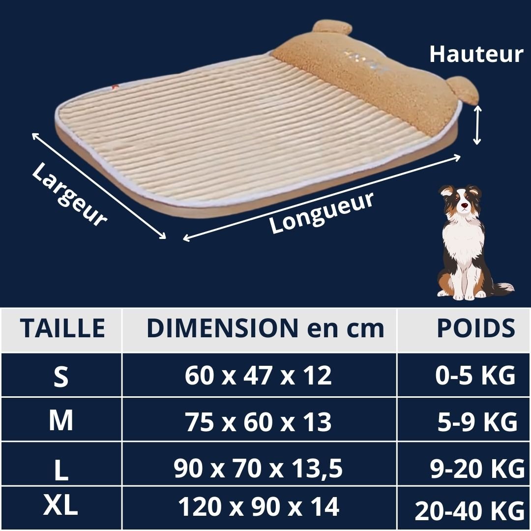 Coussin-déhoussable-pour-chien-guide-des-tailles-S-M-L-XL-dimensions détaillées et poids du chien correspondant pour petit, moyen et grand chien de à 40 kg max