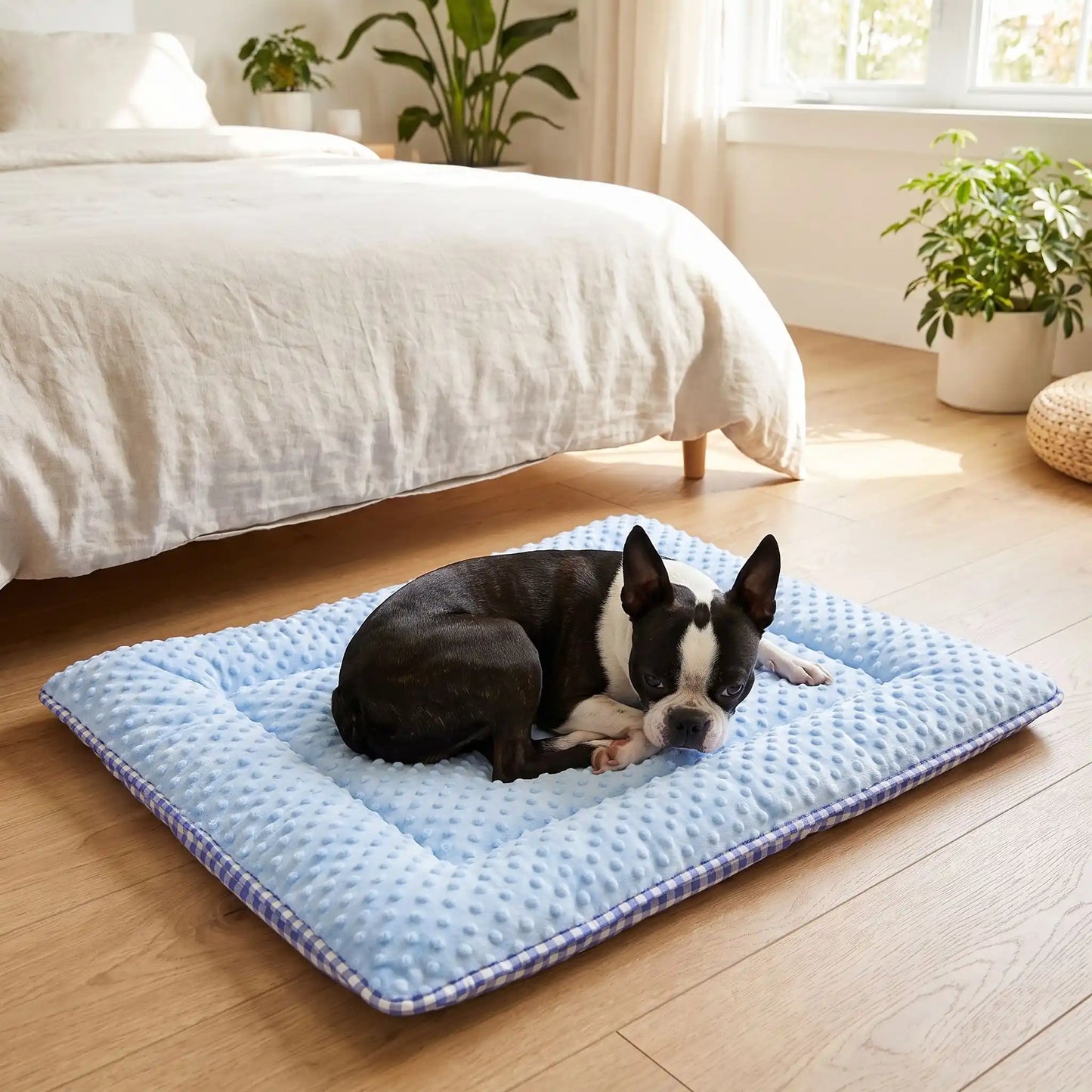 Coussin-pour-chien-chiot-rectangulaire-couchage d'appoint pour panier, niche, cage , voiture, canapé, etc- rembourrage 100% coton haute densité ergonomique, réversible face été 100% coton respirant avec carreaux vichy et face hiver en velours, lavable en machine, disponible en 3 tailles pour chiot et chien de petite à moyenne taille de 0 à 15 kg-un chien race moyenne qui dort en boule paisiblement sur son coussin côté hiver en velours gris sur le sol en parquet eu pied du lit de ses maitres dans la chambre