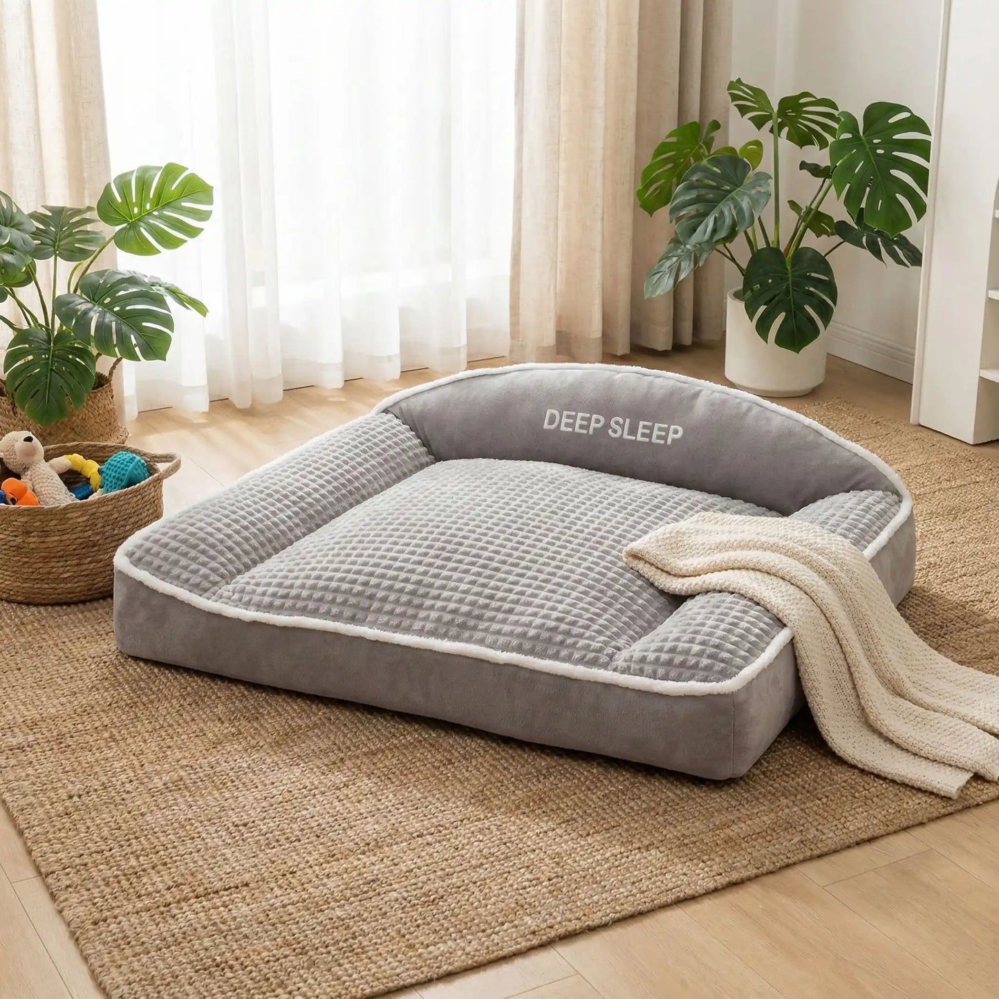 Coussin-pour-chien-xxl-matelas-à -mémoire-de-forme- avec-traversin en L rembourrage épais 100% coton haute densité ergonomique, imperméable antidérapant et déhoussable et lavable en machine pour chien de grande taille jusqu'à 50 kg max, résistant aux griffes et morsure- lit rectangulaire de 120 cm de couleur gris
