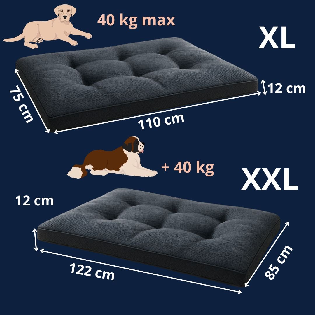 Coussin-pour-chien-xxl-xl-guide-des-tailles-2 tailles xl et xxl pour chien de grande à très grandes tailles dimensions détaillées et correspondance avec le poids du chien