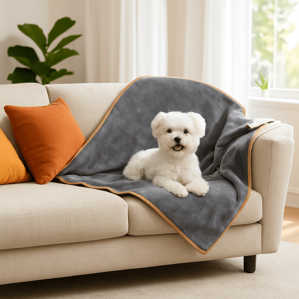 Couverture-impermĂ©able-pour-chien-plaid-doux-double-face coton et sherpa chaud et respirant pour 4 saisons ârĂ©versible- protĂšge meuble canapĂ©, siĂšge voiture, lit, panier, coussin, voyage, transport, cage pour chien de petite Ă moyenne taille lavable en machine, rĂ©sistante aux griffes et morsures â un Coton de TulĂ©ar cpuchĂ© confortablement sur sa couverture douillette et hypoallergĂ©nique sur le canapĂ© du salon de la maison