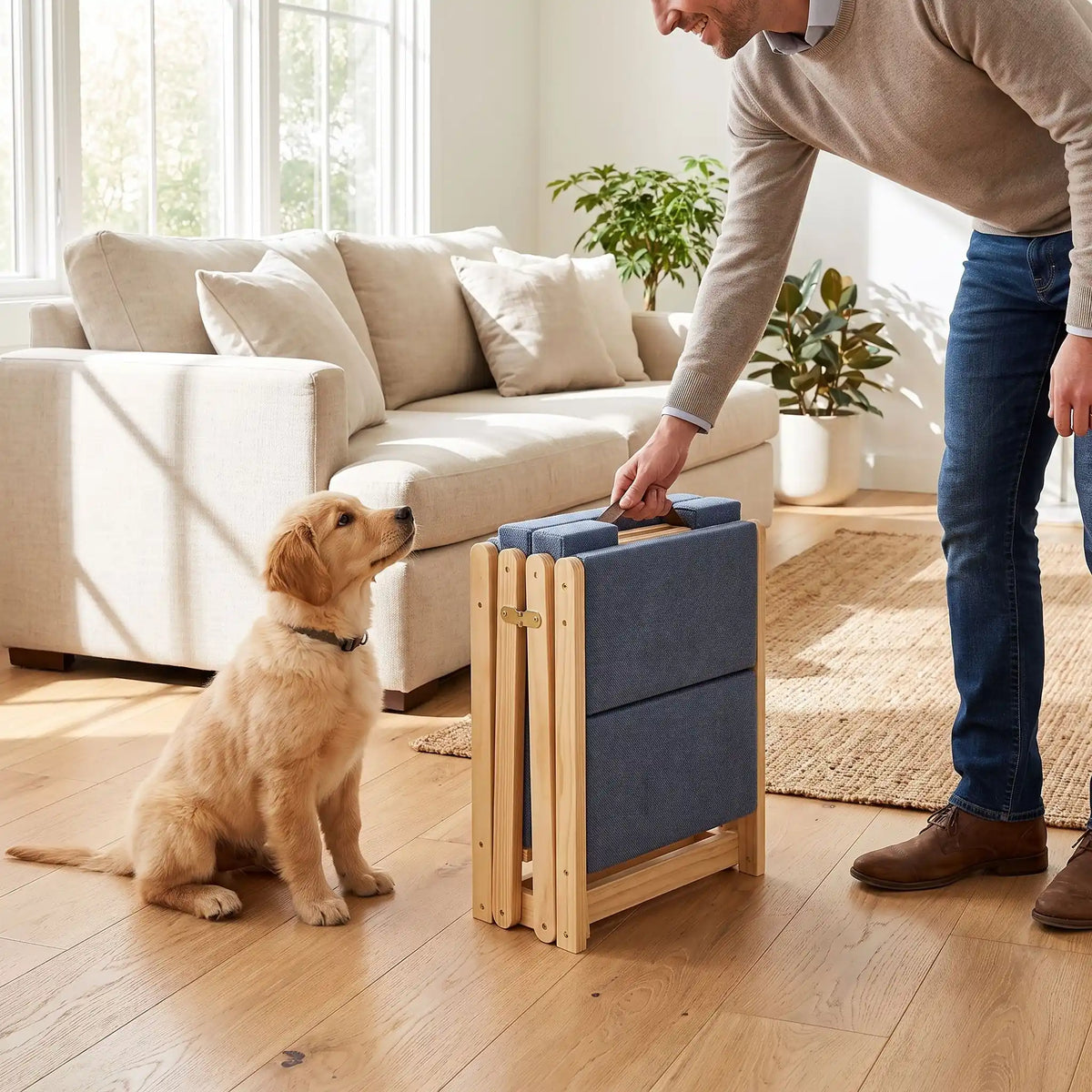 Escalier-pliable-pour-chien-chiot en bois de pin et tissu polyester doux et antidérapant résistant aux griffes-escabeau pour chien de 5 marches en pente douce de 12 cm de hateur, en bois naturel design pour chiot et chien de petite à moyenne race, pliable, compact et léger de 6,1 kg facilement transportable, compact pour un rangement facile-un maitre qui porte l'escalier plié et compact pour un gain de place facile et non encombrant
