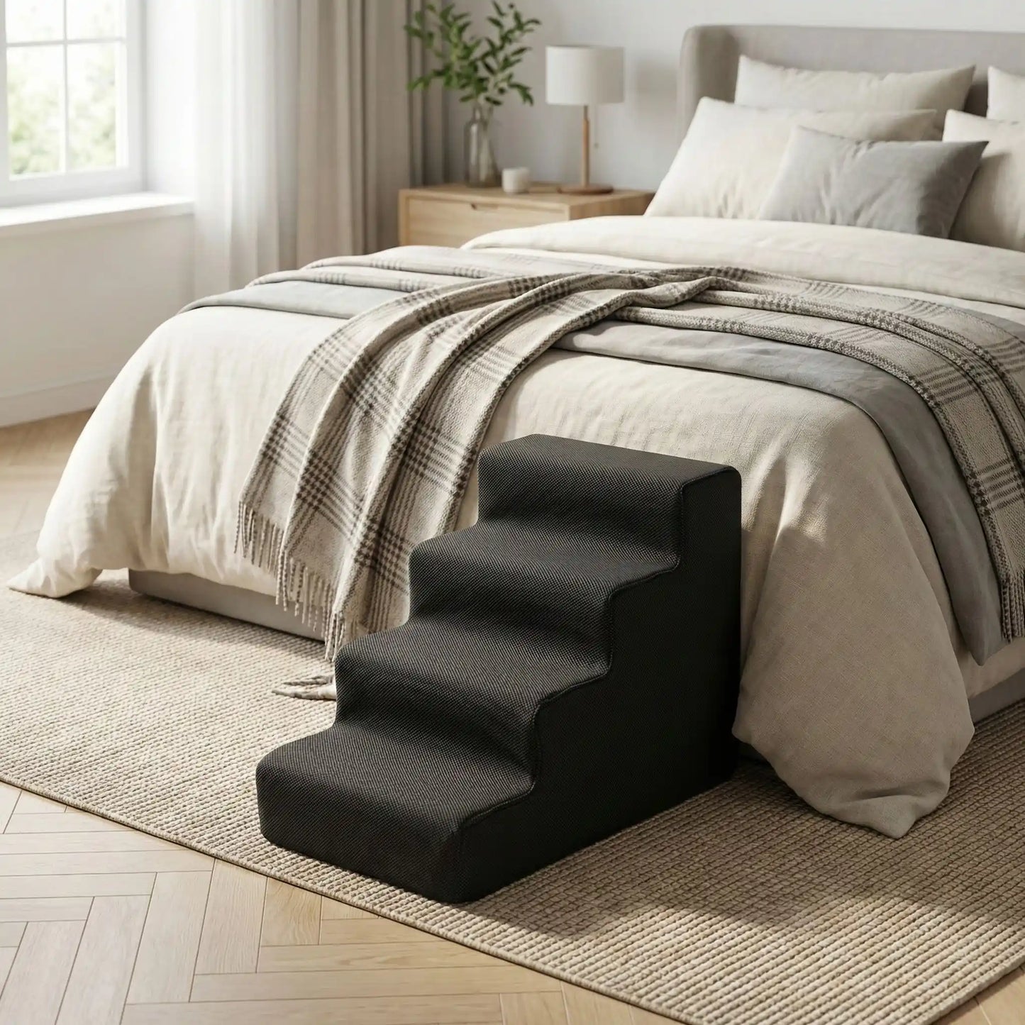 Escaliers pour chien et chiot antidérapant, déhoussable lavable en machine avec mousse haute résilience à mémoire de forme pour protèger les articulations sensibles, sécurisé , confortable, résistant aux griffes pour petit et chien de moyenne taille-design velours sur le dessus ultra-doux et tissu en coton solide-modèle de couleur noir et de 4 marches pour un accès facile pour le chien dans toute la maison