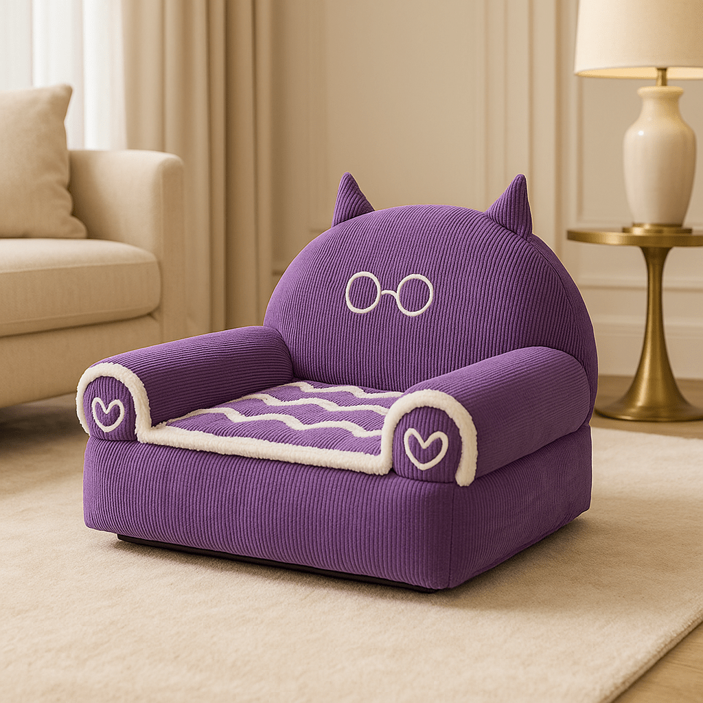 Fauteuils-pour-chiens-lavable en machine-anti-poils-rembourrage 100% coton haute densité ergonomique avec dossier et accoudoirs cylindriques entourant et sécurisant-antidérapant-design mignon animaux pour chien toy et de petite taille-violet