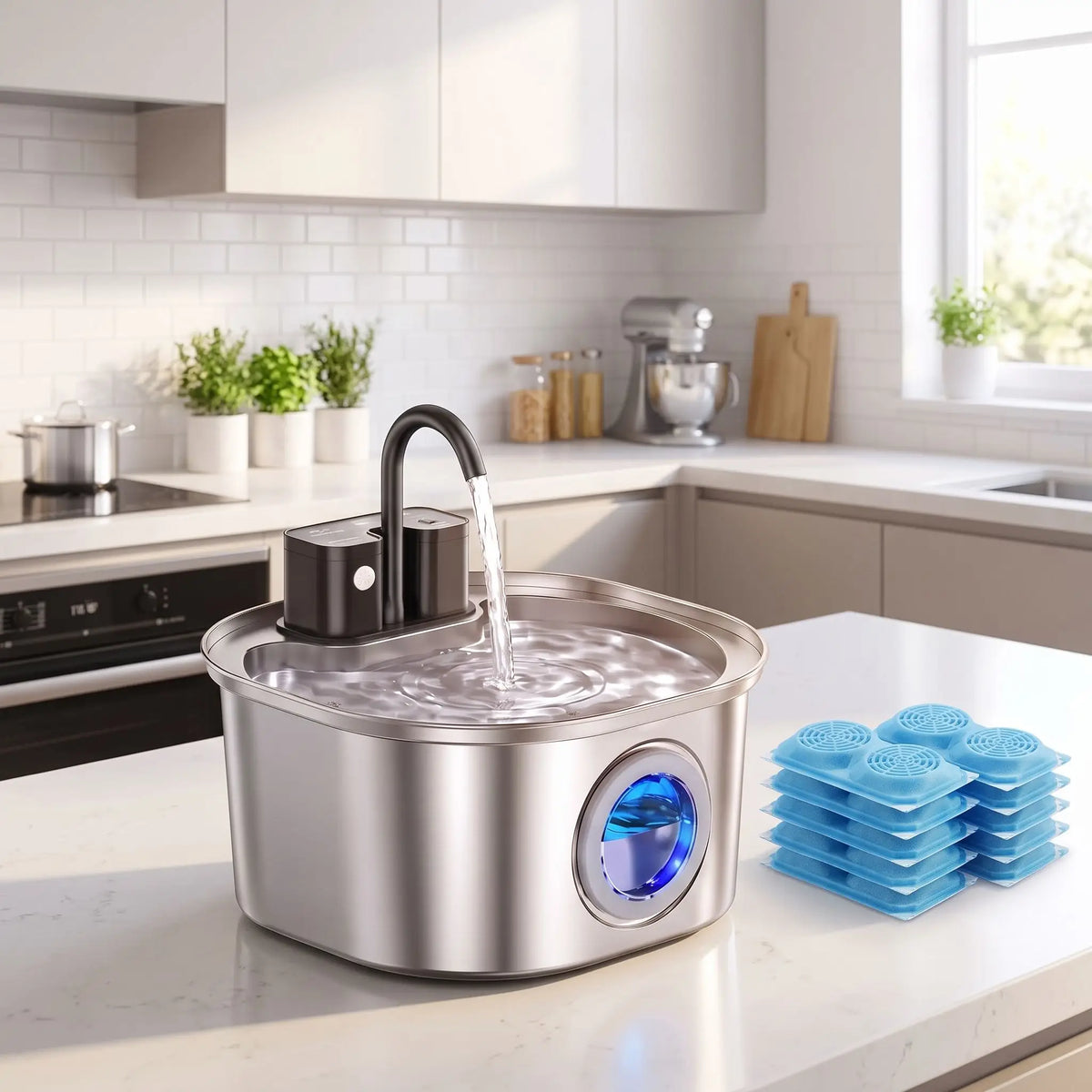 Fontaine-à-eau-chien-distributeur-automatique-inox 304D avec robinet verseur, avec batterie longue durée, rechargeable par USB, sans fil transportable, capacité de 3,2 litres, avec capteur de mouvement, 3 programmes : eau en continue, intermitence ou automatique avec filtre à 3 niveaux (charbon, coton, ions et éponge) design hublot sur le devant pour voir le niveau d'eau-gros plan sur la fontaine à eau automatique pour chiot et chien de petite à moyenne taille sur le plan de la cuisine avec ses 12 filtres