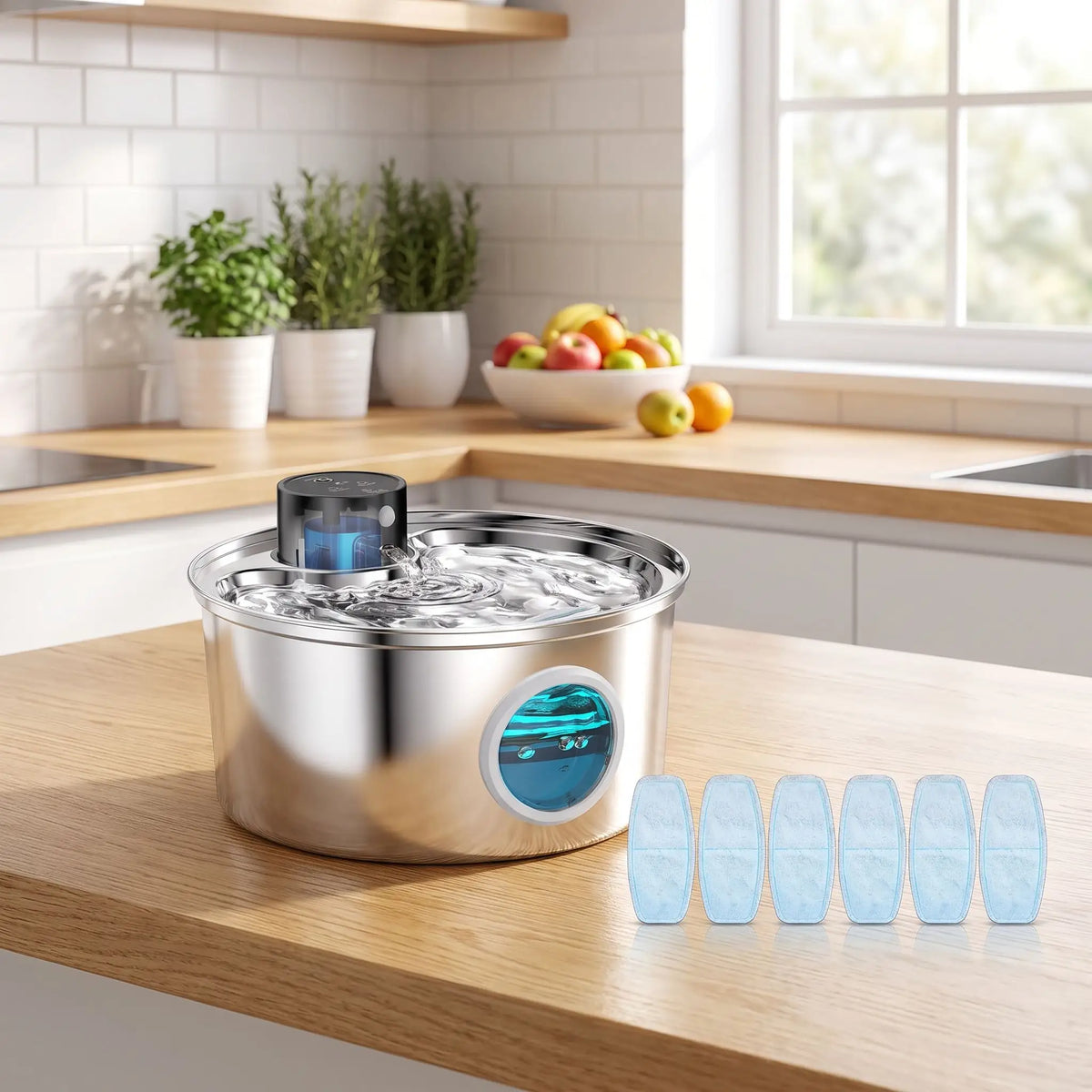 Fontaine-à-eau-pour-chien-automatique-inox SUS304, robuste et hygiénique, ultra-silencieuse démontable et lavable au lave vaisselle, 3 programmes : eau en continu, par intermitence ou par capteur de mouvement, batterie longue durée 45 jours, rechargeable par cable USB fourni, contenance de 3,2 litres,anti-éclaboussure, 100% étanche, écologique, économique,eau oxygénée filtrée, hublot design pour voir le niveau d'eau-gros plan sur la fontaine à eau avec ses 6 filtres de rechange anti-bactérien à 5 niveaux