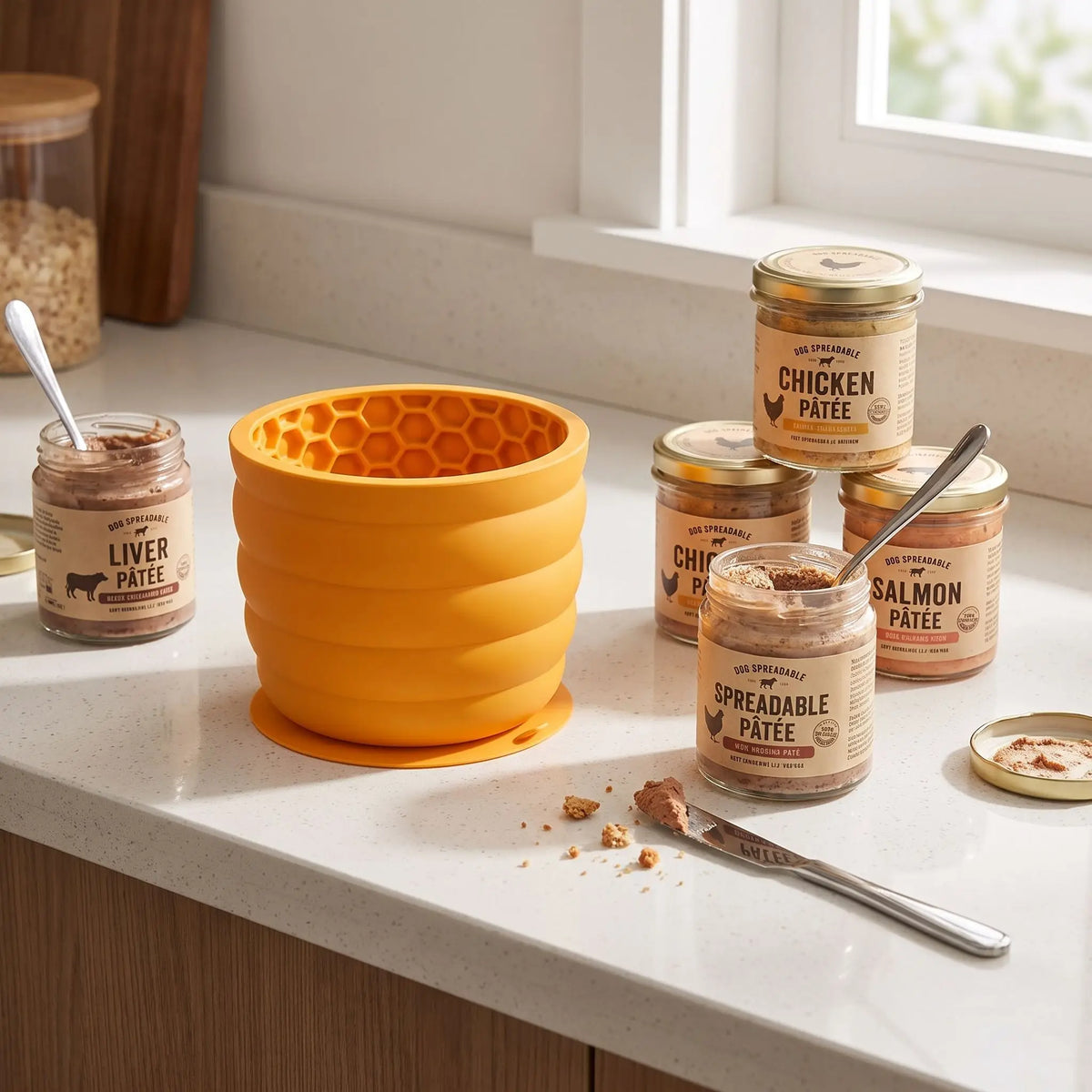 Gamelle-anti-glouton-chien-léchage-en silicone de qualtié alimentaire sans BPA, intérieur conception nid d'abeille avec ventouse intégrale ultra robuste pour le coller partout (mur, sol) forme haute, idéal pour les races à longues oreilles, compatible lave-vaisselle, firgo et congélateur pour des préparations à lécher diverses, 2 taille S et L pour chiot et chien , contenance de 550ml à 1 litre-gros plan sur la gamelle anti-glouton jaune à côté de boite de pâté à tartiner pour chien dans la cuisine