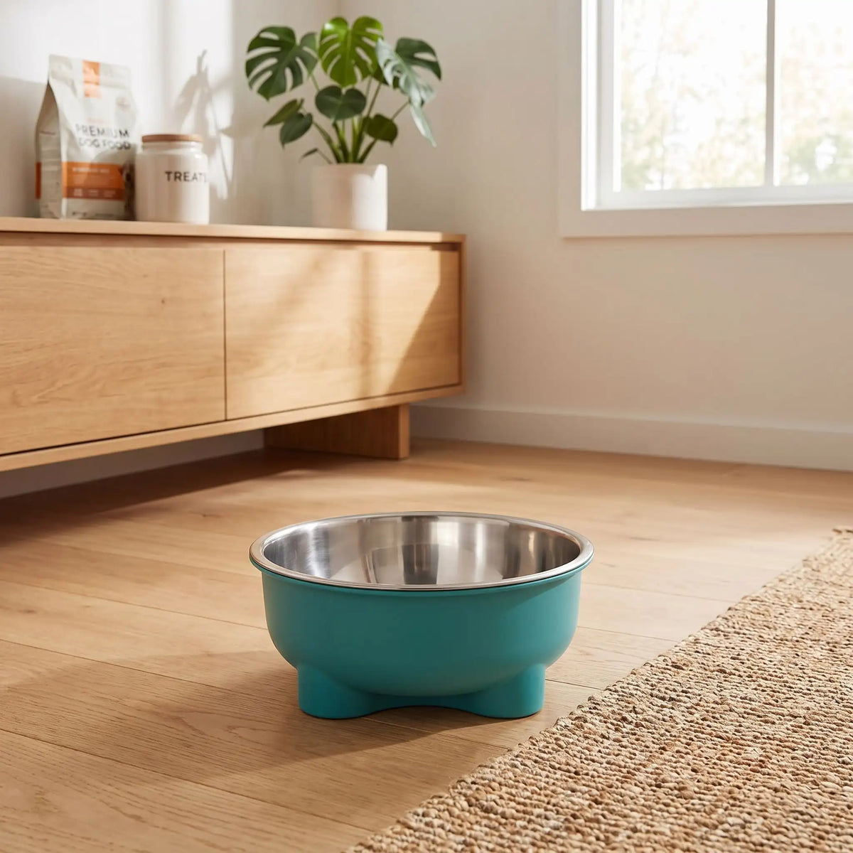 Gamelle-en-inox-pour-chien-petite-taille-surélevée sur pieds antidérapant avec gamelle en inox lavable en lave-vaisselle amovible et son support PP sans BPA avec une capacité de 500 ml pour chiot et chien de petite à moyenne taille, disponible en 4 coloris jaune, vert, bleu et rouge-gros plan sur la gamelle en inox dans son support surélevé avec pieds antidérapant et anti-rayure de couleur vert sur le sol en parquet du salon