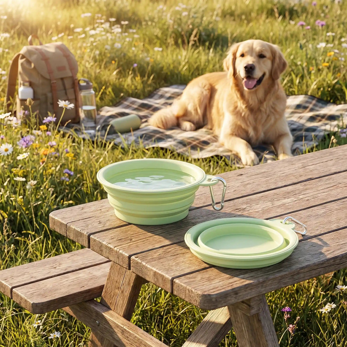 Gamelle-pliable-chien-chiot-lot-de-2-en silicone alimentaire, garanti sans produits chimiques, lavable en lave-vaisselle, robuste et compact comme un CD avec son mousqueton pour l'accrocher n'importe où, léger avec ses 80g, disponible en 2 tailles 350ml et 1000 ml pour toutes races de chien et trois couleur : rose, bleu et vert-gros plan sur les deux gamelles pliables avec mousqueton en version dépliée et pliée pour voir combien elle est compacte avec un grand chien allongé sur l'herbe en arrière plan