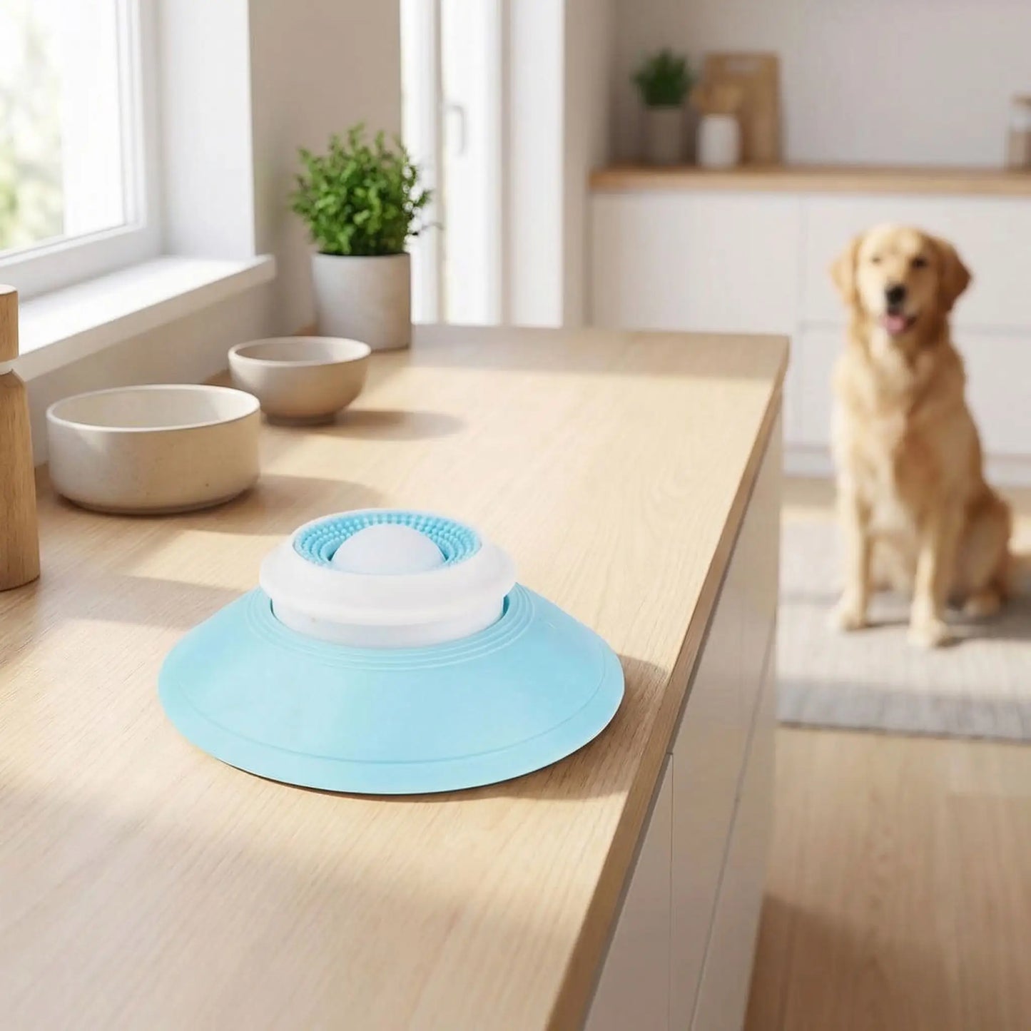 Jouet-d-occupation-chien-alimentaire-bol de léchage avec boule rotative et rainure qui massent et nettoie en douceur les gencives et les dent pour une meilleur hygiène dentaire, démontable et lavable avec patins antidérapant et ventouse pour la placer sur tout type de support-photo en gros plan du bol interactif de couelur bleu et blanc avec un chien qui attend son jouet interactif avant que son maitre parte de la maison pour un rituel de s¶tion réussi