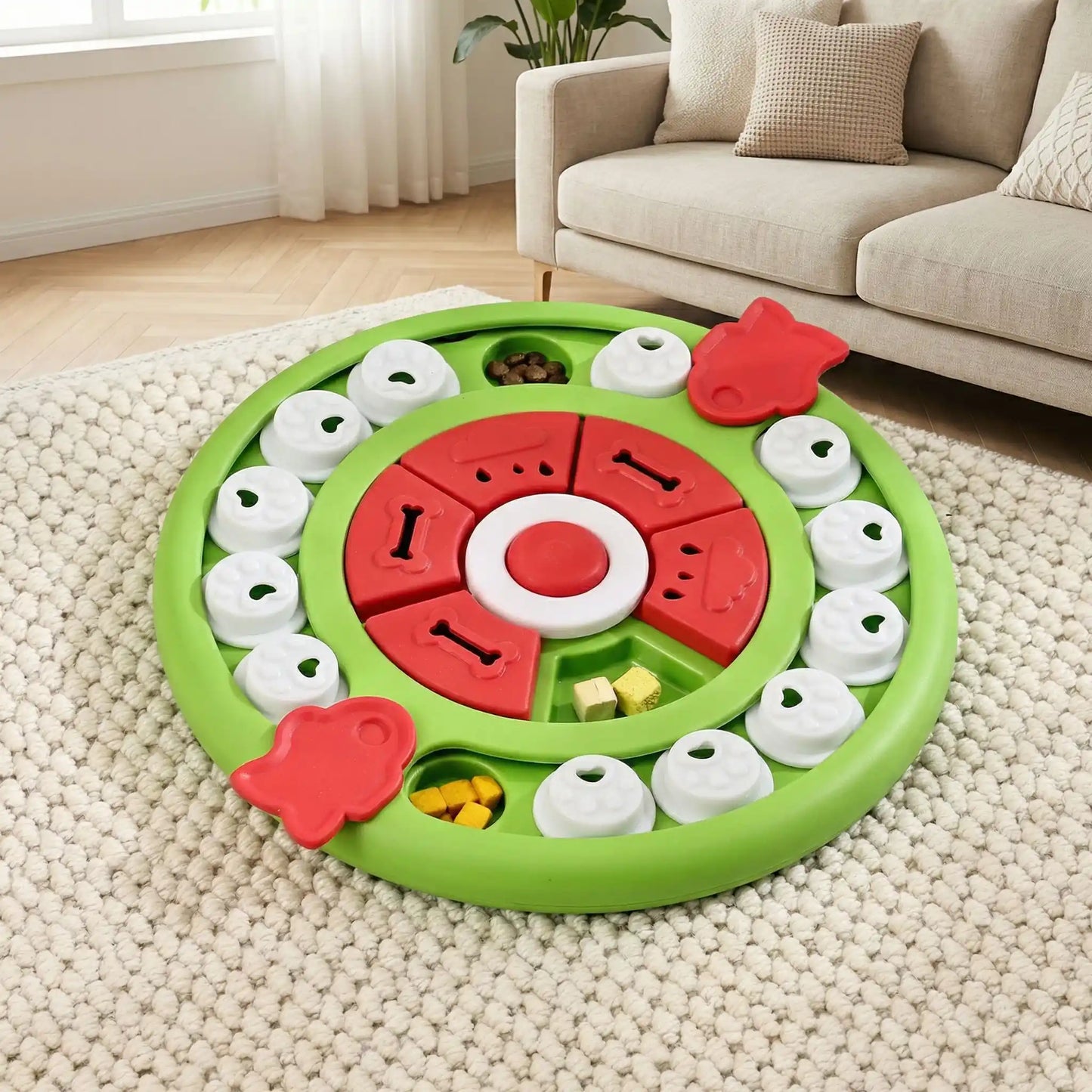 Jouet-intelligent-pour-chien-chiot-puzzle-compatible pour le lave-vaisselle, surface arrondie et lisse qui respecte sa langue et ses dents
Réduction immédiate des vomissements aprÚs repas
Meilleure assimilation des nutriments grĂące Ă la mastication
Satiété prolongée qui évite les demandes constantes
Convient aux chiots comme aux chiens adultes-stimulation mentale-gros plan sur le modÚles vert avec ces 3 jeux pour faire glisser déplacer et son bouton interactif sonore pour divertir et ralentir l'alimentation