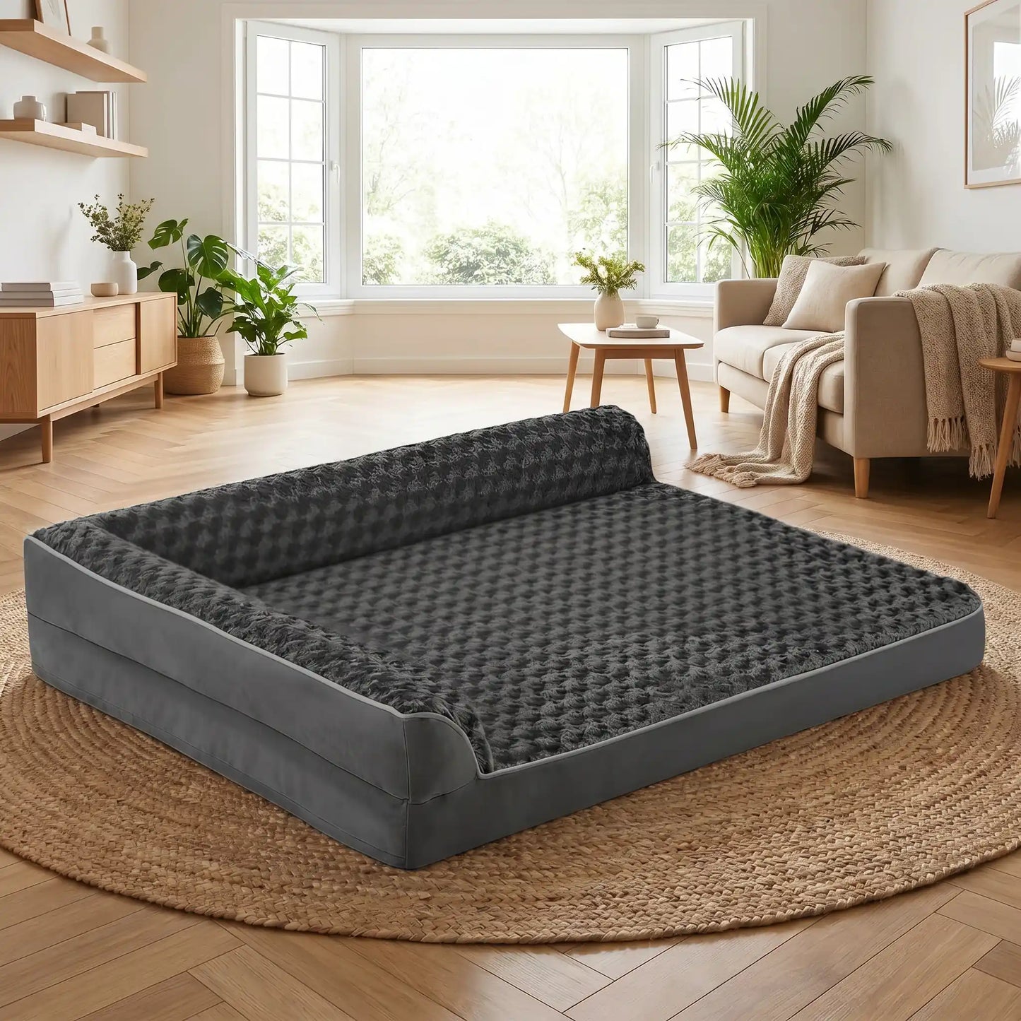 Lit-canapé chien-chiot-orthopédique-xxl avec traversin intégré,antidérapant-imperméable-déhoussable-lavable en machine-résistant aux griffes et morsures pour moyen à grand chien et chiot jusqu'à 50 kg max-en velours côtelé et 100% Coton PP et deux traversins cylindriques rembourré en forme de L de couleur gris pour un effet apaisant et sécurisant-gros plan sur le grand lit orthopédique pour chien avec housse en peluche douce et résistante de couleur gris foncé en taille L, XL et XXL