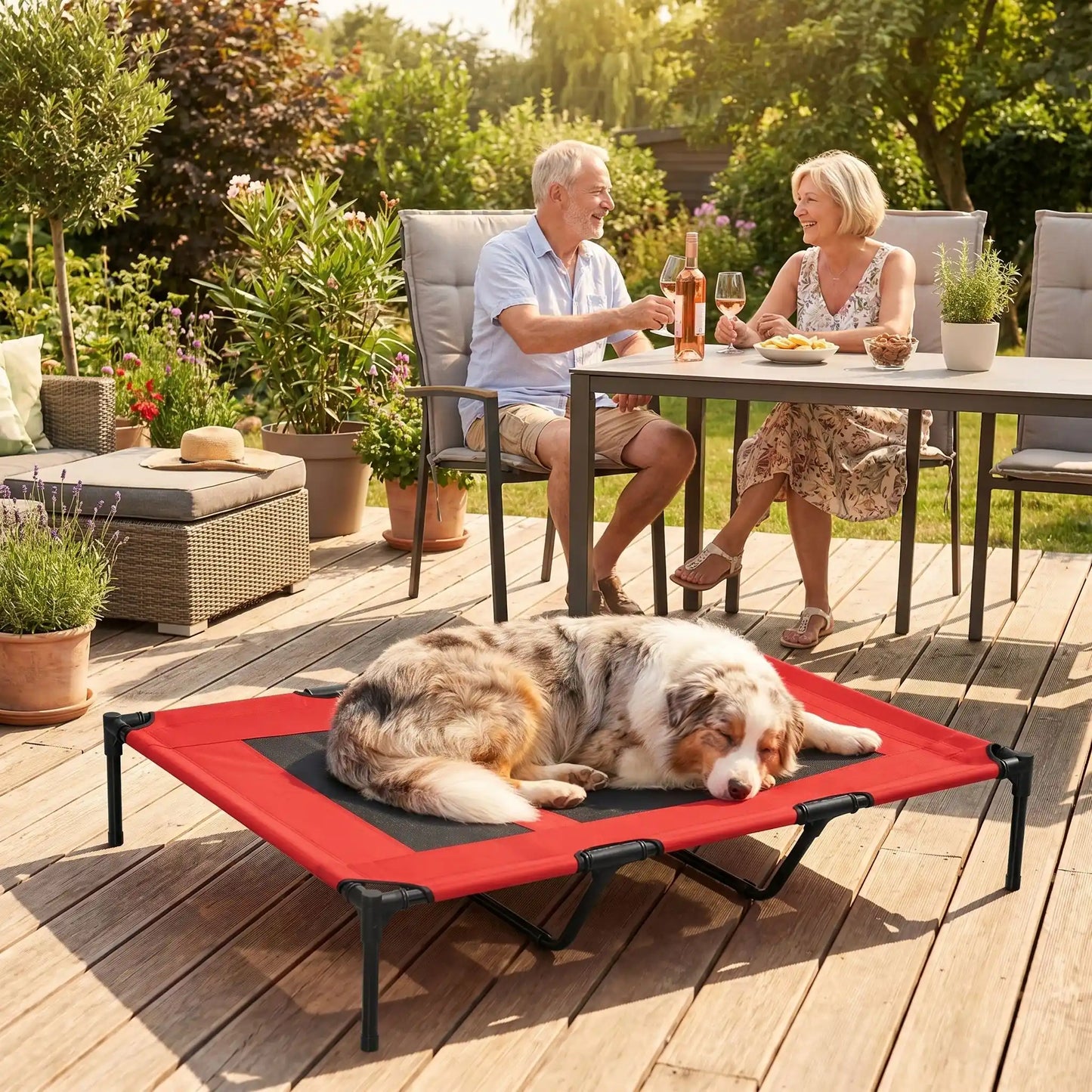 Lit-de-camping-pour-chien-chiot-xxl de 120 cm de longueur pour chien de moyenne à grande taille jusqu'à 40 kilos en toile respirantes en mailles et tissu renforcé oxford100% imperméable et solide avec 4 pieds antidérapant et deux barres transversales au milieu du lit pour un soutien adapté et ergonomique, plaible et transportable pour une utilisation en intérieur et extérieur-un chien à poils longs et épais qui dort paisiblement en boule sur le lit sur la terrasse du mobil-home avec ses maitres qui mangent
