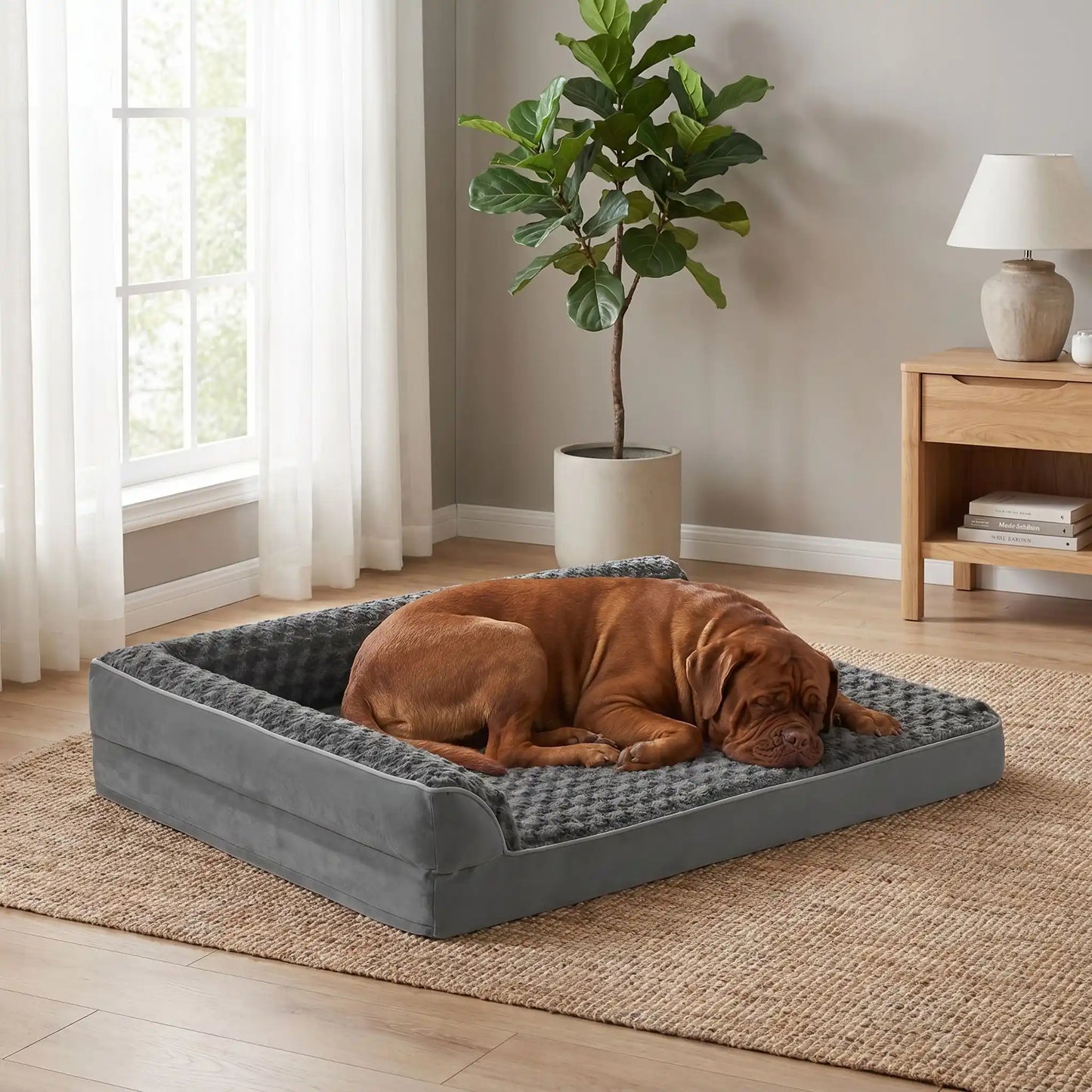 Lit-grand-chien-chiot-orthopédique-xxl avec traversin intégré,antidérapant-imperméable-déhoussable-lavable en machine-résistant aux griffes et morsures pour grand chien et chiot jusqu'à 50 kg max-en velours côtelé et 100% Coton PP et deux traversins cylindriques rembourré en forme de L de couleur gris pour un effet apaisant et sécurisant-un Shar-pei
qui dort paisiblement niché dans l'angle du lit orthopédique , sa tête reposant sur la housse en velours et peluche du lit à mémoire de forme