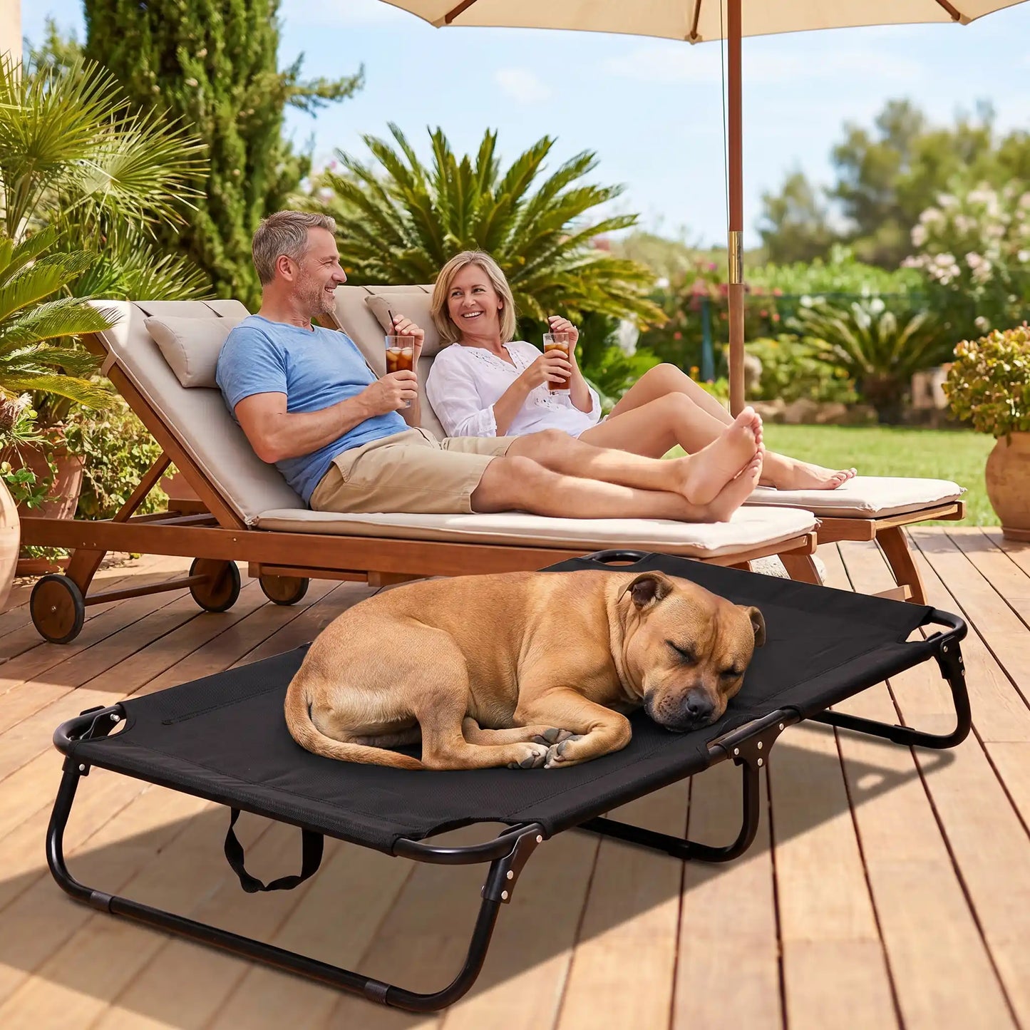 Lit-pliant-chien-camp-4-tailles du S au XXL ppur chiot et chien de toute races , imperméable en tissu teslin ultra résistant et respirant , rafraichissant en été, surélevé avec ses pieds et sa structure en métal robute avec barre au milieu pour une maille qui ne s'affaisse pas, avec poignée de transport, léger et compact pour un lit intérieur et extérieur- un Staffordshire bull terrier qui dort sur son lit pliant xl noir avec ses maitres qui se détendent sur leur transat avec boisson fraiche sur la terrasse