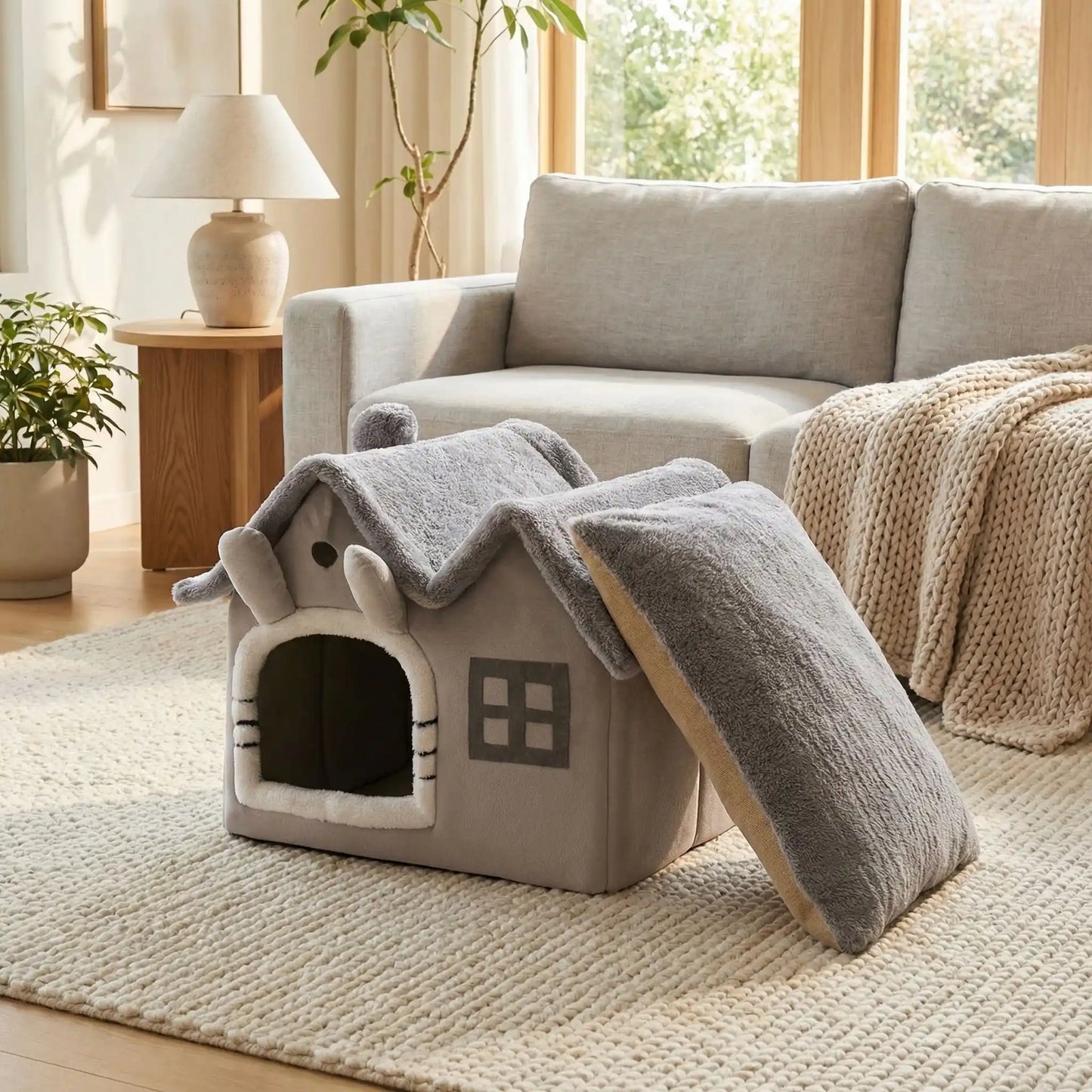 Maison-pour-chien-interieur-anti-stress, démontable, dehoussable et lavable en machine,chaude et douillette en velours,et rembourrage 100% coton haute densité, coussin intérieur éapis et ergonomique amovible et lavable, en velours doux, pliable et transportable,compact et légÚre pour chien de petite taille de 0 à 5 kilos max-photo de la petite maison de couelur grise avec son coussin interieur amovible en deux taille XS et S pour chien de race naine ou de petite taille