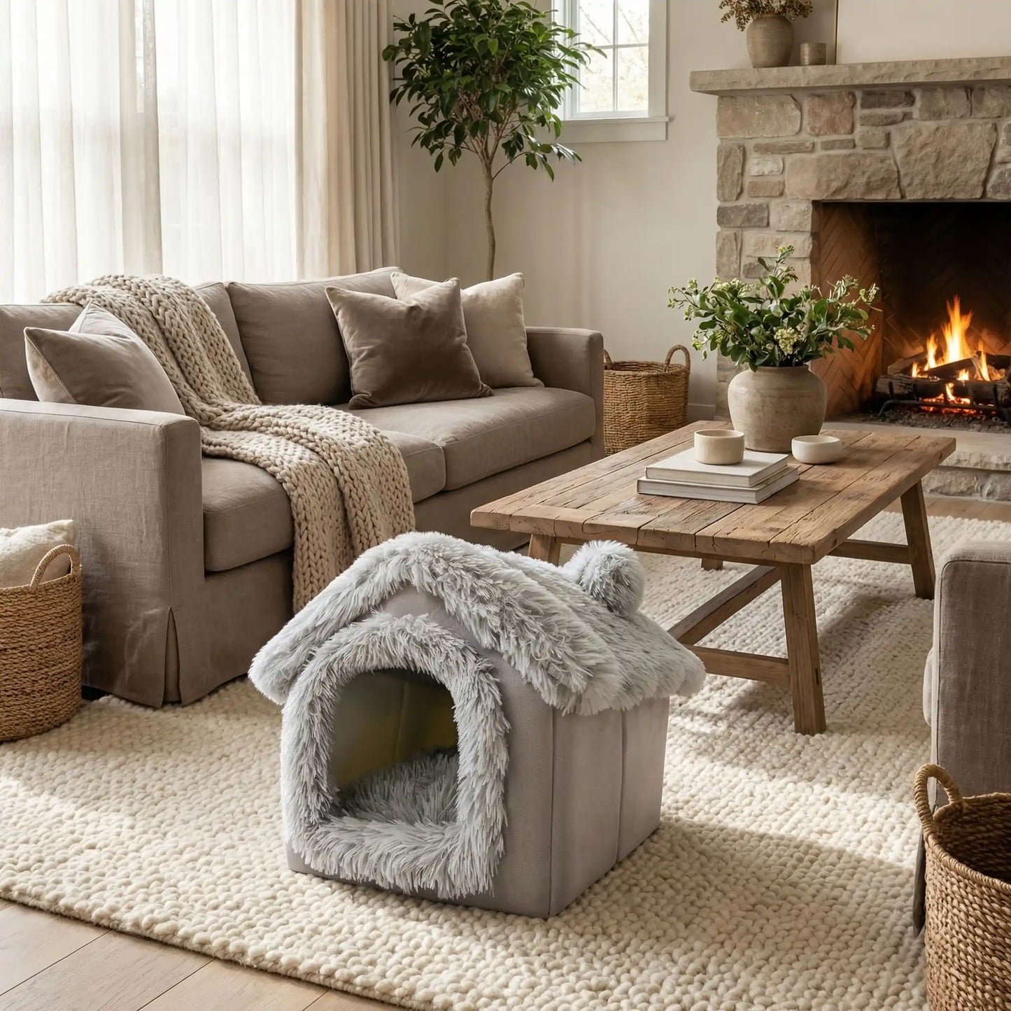 Maison-pour-chien-interieur-anti-stress, démontable, dehoussable et lavable en machine,chaude et douillette en peluche,et rembourrage 100% coton haute densité, coussin intérieur épais double-face: été et hiver et ergonomique amovible et lavable, en velours doux, pliable et transportable,compact et légÚre pour chien de petite taille de 0 à 5 kilos max-photo de la petite maison pour petit chien ou chiot, de couelur grise dans le salon de la maison