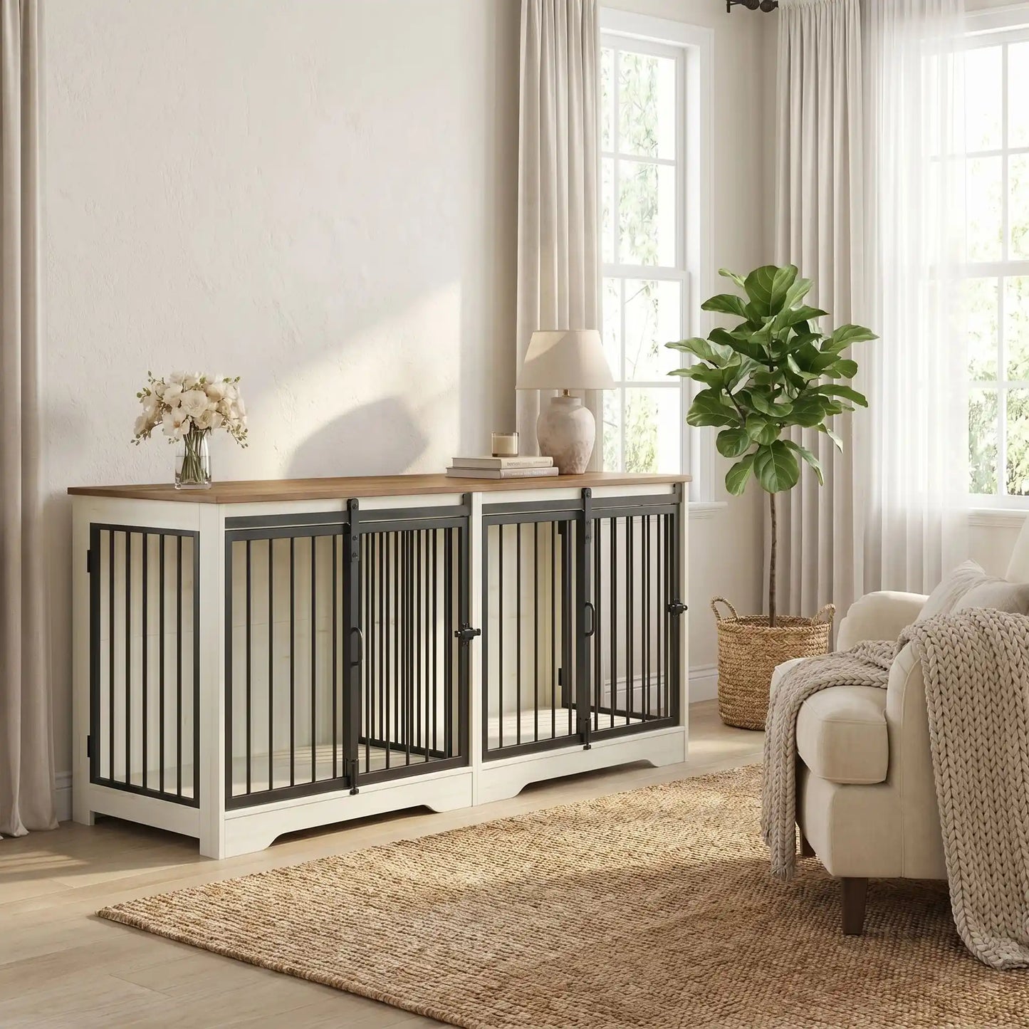 Meuble-cage-pour-chien-doublepetit et moyenne taille-cage 136 cm bois foncé et blanc, 4 portes avec 2 portes avant coulissantes avant en barreaux acier robuste et deux portes latérales en barreaux noir, avec séparateur amovible au milieu, rectangulaire et design moderne, imperméable et robuste avec serrures pour chiot et chien-gros plan sur le meuble niche avec porte à barreaux avant et séparateur ouverts et portes latérales fermées par serrures et décoration dessus dans le salon de l'appartement
