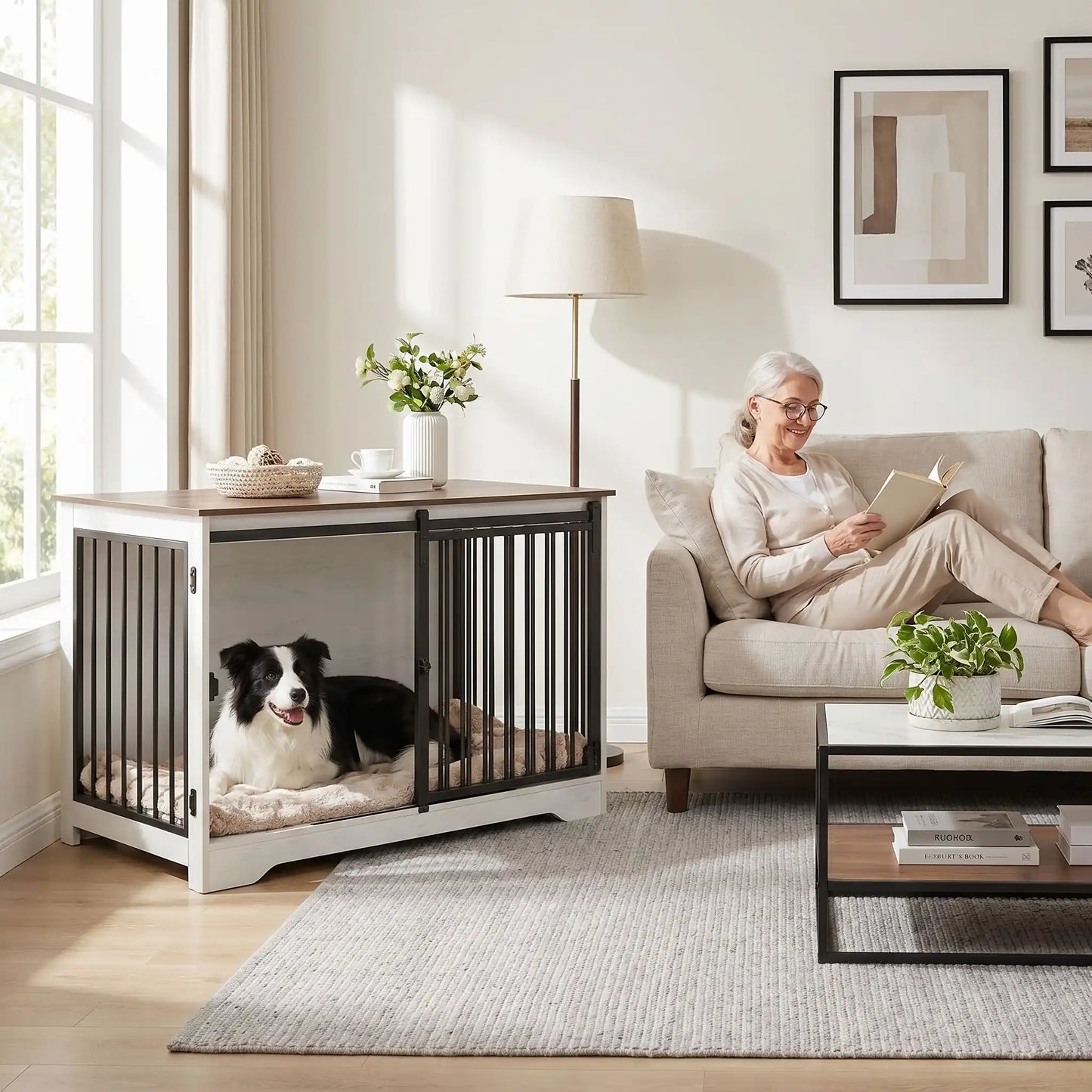 Meuble-niche-chien-interieur-cage-100-cm-Porte avant coulissante ultra-silencieuse qui économise l'espace-Porte latérale avec double systÚme de verrouillage sécurisé- Tubes en acier robustes de 10 mm résistant à la mastication-Panneaux de particules épais impossibles à griffer-Points de soudure doubles sur chaque jonction-un border collie couché confortablement dans le meuble niche en bois blanc et marron à cÎté de sa maitresse qui lit sur le canapé dans le salon de la maison