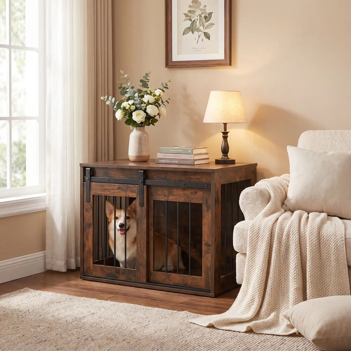 Meuble-niche-chien-interieur-chiot-cosy-en bois avec porte avant coulissante et silencieuse, et barreaux en acier transformable en cage pour chiot et chien de petite à moyenne taille de 0 à 20 kilos, structure robuste et design chic et moderne de couleur bois brut- un chien de taille moyenne couché dans le meuble niche avec la porte latérale fermée, devenu un meuble de décoration d'appoint à cÎté du canapé du salon de la maison