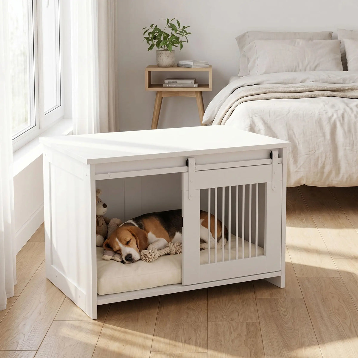 Meuble-niche-pour-chien-petit et moyenne taille-cage-80 cm en bois blanc et porte avant coulissante avec roulettes solides et silencieuses en cadre en bois et barreaux blancs en acier robuste, meuble rectangulaire et cage au design moderne, imperméable et robuste pour chiot et chien de 0 à 15 kg-un chien de chasse de taille moyenne qui dort paisiblement dans le meuble niche avec porte à barreaux avant ouverte en meuble d'appoint décoratif dans la chambre de la maison