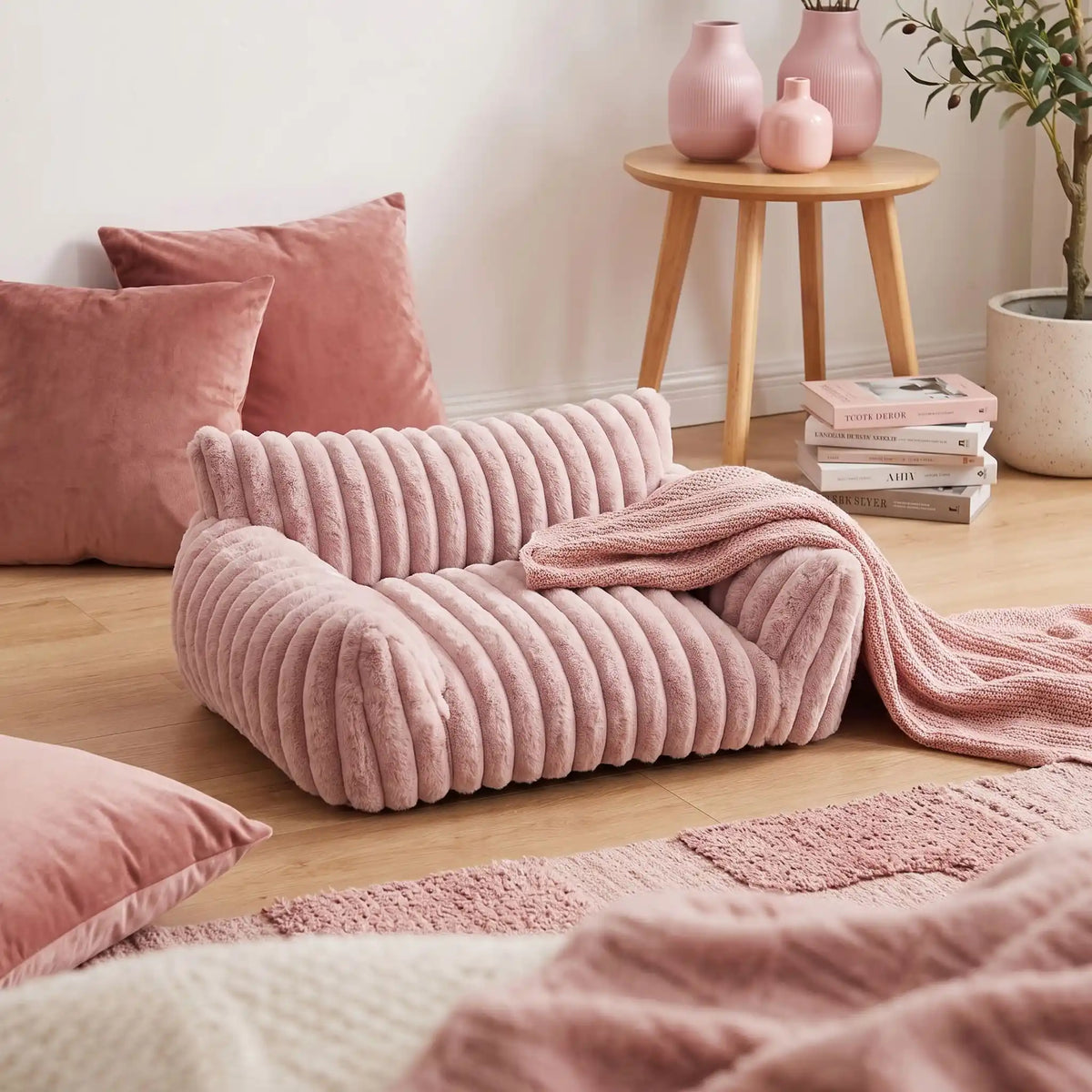 Mini-canapé-chien-chiot-déhoussable, lavable en machine ,coton, housse en peluche douce au toucher velours, rembourrage ergonomique en mousse à mémoire de forme pour un soutien optimal, disponible en couleurs blanc et rose et 3 tailles S, M et L pour chiot et chien de petite taille de 0 à 10 iols max-gros plan sur le mini fauteuil pour chien de couleur rose dans la chambre de l'appartement