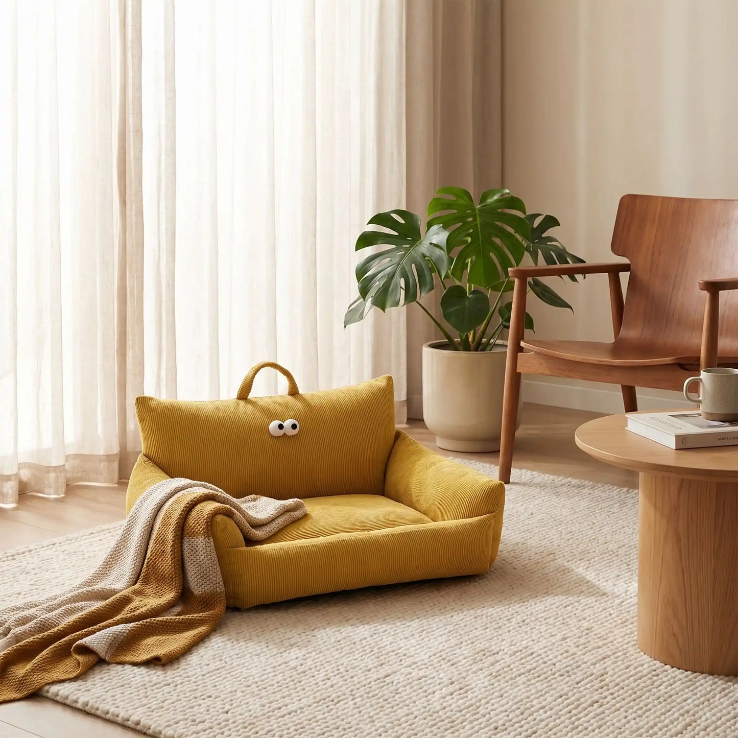 Canape-lit-chien-apaisant, mini fauteuil en lin et rembourrage épais 100% coton haute densité, avec accoudoir et dossier ergonomique, lavable en machine, antidérapant et fond imperméable anti-moissisure, housse 100% lin résistant aux griffes et respirant pour un couchage 4 saisons pour chiot et chien de petite taille de 0 à 10 kilos max-gros plan sur le petit canapé moelleux de couleur ocre avec dossier et accoudoirs rembourrés 100% coton avec design original