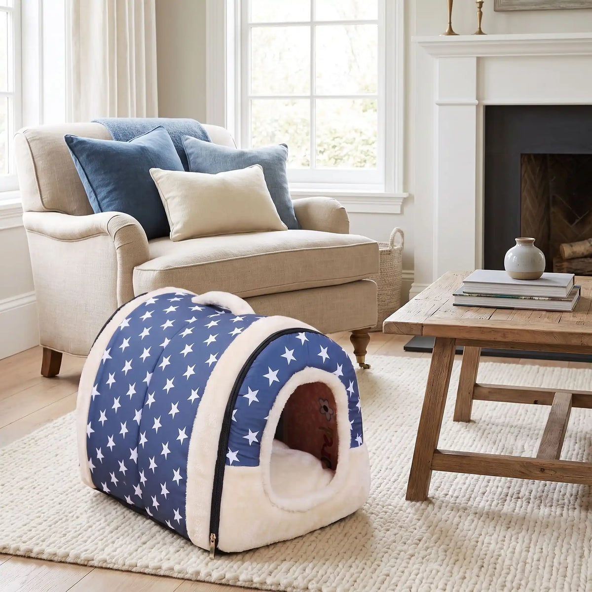 Niche chien et chiot intérieur de petite race, résistante, en forme d'igloo au design sécurisant fermée en arc de cercle avec un coussin rectangulaire au rembourrage 100% coton haute densité lavable,double face été en tissu/hiver en peluche et fond antidérapant et extérieur 100% imperméable, transportable avec sa poignée, lavable- gros plan sur la niche douillette, chaude sécurisante à 360° avec design américain bleu et étoiles blanches pour chien et chiot de 0 à 5 kilos en 2 tailles XS et S