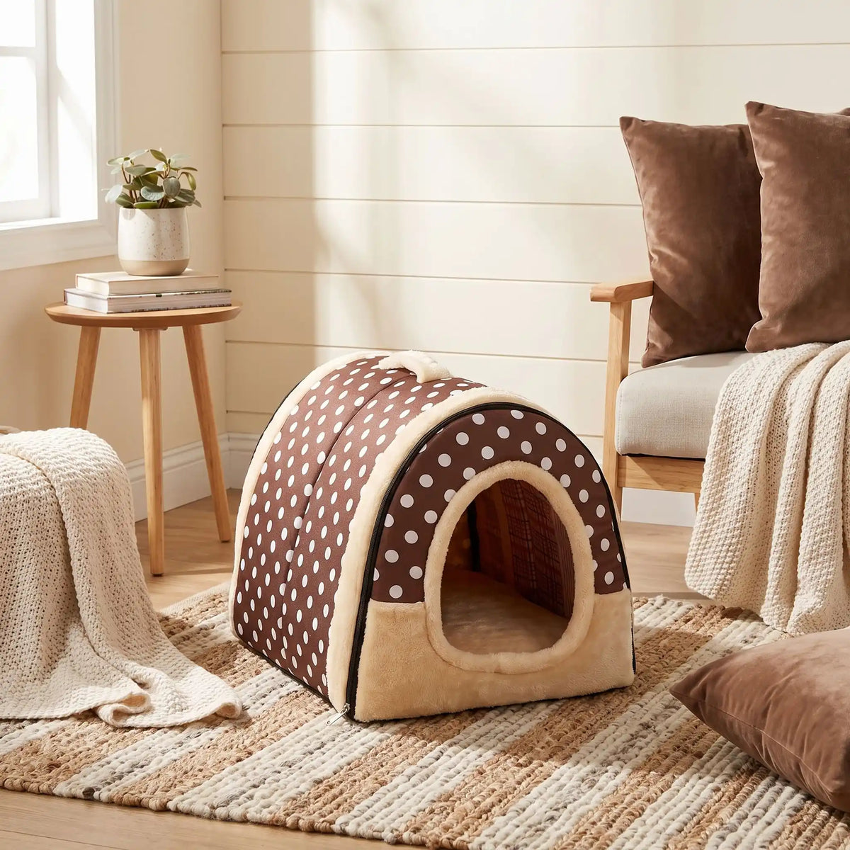 Niche chien et chiot intérieur de petite race, résistante, en forme d'igloo au design sécurisant fermée en arc de cercle avec un coussin rectangulaire au rembourrage 100% coton haute densité lavable,double face été en tissu/hiver en peluche et fond antidérapant et extérieur 100% imperméable, transportable avec sa poignée, lavable- gros plan sur la niche douillette, chaude sécurisante à 360° avec son coussin réversible été/hiver lavable pour chiot et chien de couleur marron et poids de couleur beige
