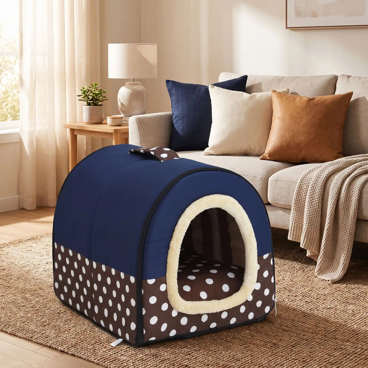 Niche chien et chiot intérieur de petite race, résistante, en forme d'igloo au design sécurisant fermée en arc de cercle avec un coussin rectangulaire au rembourrage 100% coton haute densité lavable,double face été en tissu/hiver en peluche et fond antidérapant et extérieur 100% imperméable, transportable avec sa poignée, lavable- gros plan sur la niche douillette, chaude sécurisante à 360° avec son coussin réversible été/hiver bleu marine et marron à pois blanc dans le salon de l'appartement
