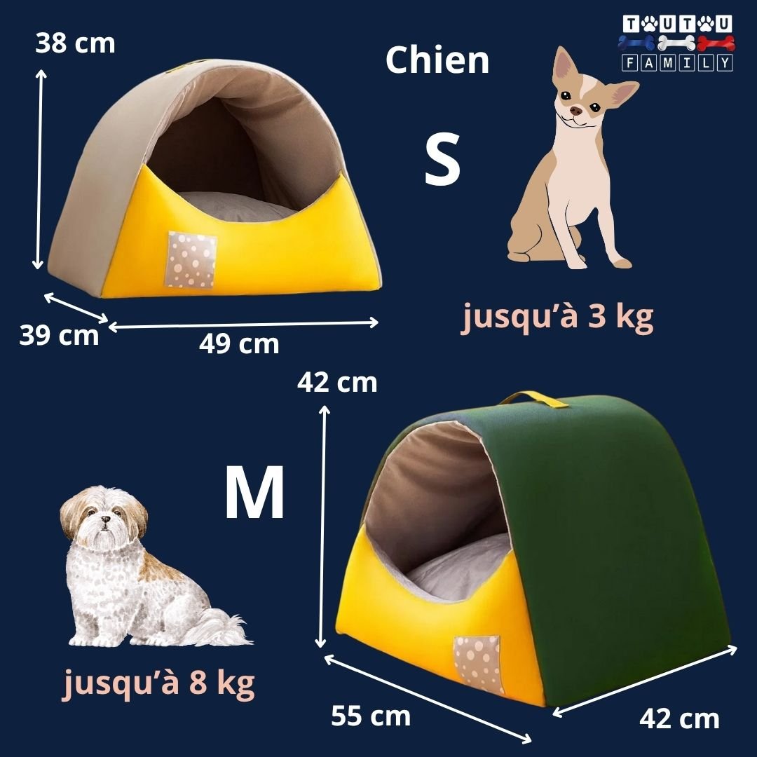 Niche-interieur-chien-guide-2-tailles-S-pour-chien 3 kg-Taille-M -jusqu'Ă 8kg-Teckel miniature-Schnauzer- caniche nain- bichon frisĂ©- Cairn terrier-Jack Russel-Pinscher nain-Shih tzu-Loulou de pomĂ©ranie-Westie- Lhassa Apso- Yorkshire-Affenpinscher-Ăpagneul Papillon-Ăpagneul nain- terrier australien-Petit brabançon-chihuahua