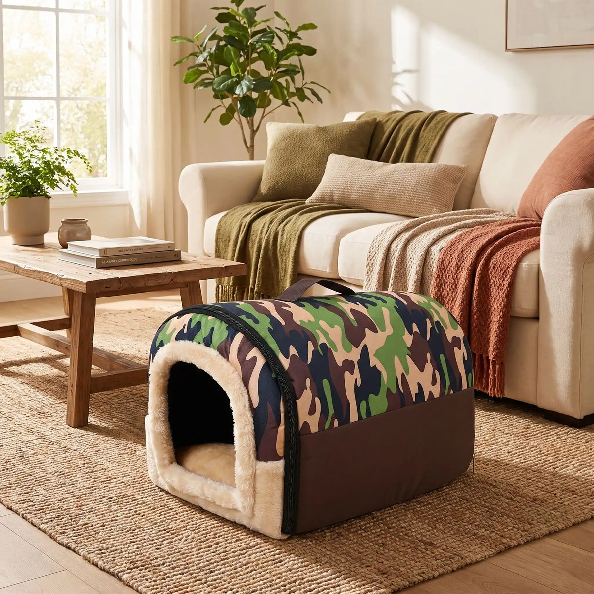 Niche pliable pour chien de petite-a-moyenne race, résistante, en forme d'igloo au design sécurisant fermé en arc de cercle avec un coussin rectangulaire au rembourrage 100% coton haute densité lavable,double face été en tissu/hiveren peluche et fond antidérapant et extérieur 100% imperméable, transportable avec sa poignée, lavable- gros plan sur la niche douillette, chaude sécurisante à 360° qui protège du sol froid et des courant d'air avec design camouflage militaire dans le salon de l'appartement