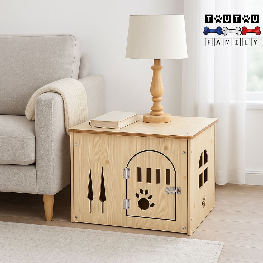 Niche-pour-chien-intérieur-meuble-en-bois-avec-porte-à -cÎté-d'un canapé avec lampe design et un livre posé sur le dessus plat de la niche en bois naturel et avec de nombreuse aération en forme design sculpté dans le bois