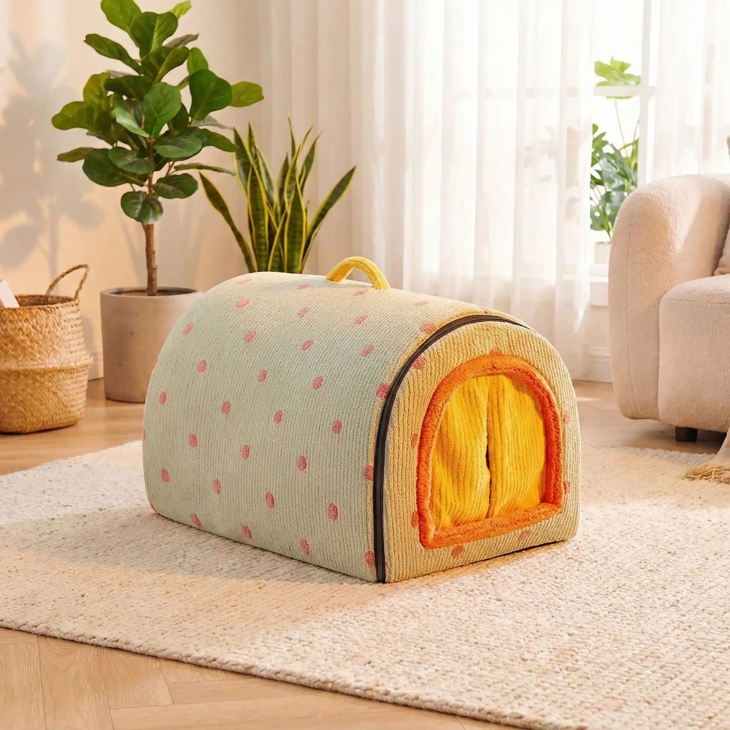 Niche-pour-chien_interieur-chiot-lavable-antiderapante lavable en machine à 30°C pour un entretien minimal,avec poignée de transport
Structure pliable facilitant le transport et le rangement
Isolation thermique naturelle contre le froid et les courants d'air
Design fermé aux stimuli visuels et sonores stressants
Trois tailles adaptées de 0 à 12 kg pour tous les petits à chiens moyens-modèle vert disponible en taille S, M et L pour chiot ou chien jusqu'à 12 kilos max sur le sol du salon de la maison