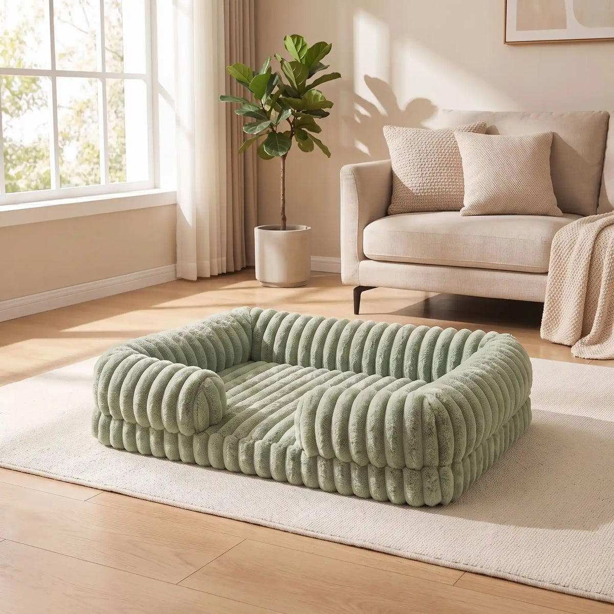 Panier-chien-dĂ©houssable-design de canapĂ©-antidĂ©rapant, impermĂ©able et lavable en machine-housse en velours ultra-doux, rĂ©sistant et chaud-rebord cylindrique entourant en U avec rembourrage 100% coton haute densitĂ© ergonomique-matelas orthopĂ©dique haute rĂ©silience du S au XL, de forme rectangulaire avec entrĂ©e devant pour chiot et chien de petite Ă grande de 0 Ă 40 kg â gros plan sur le panier entourant et apaisant de couleur vert pastel de taille xl sur le sol du salon de la maison