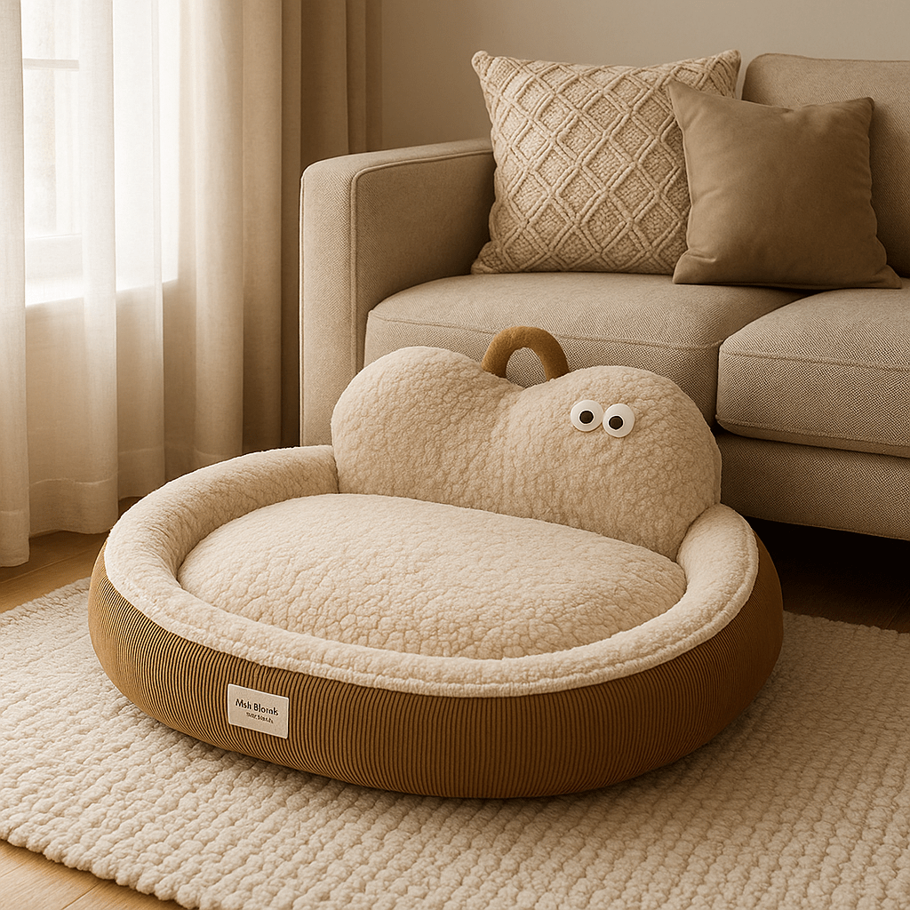Panier-chien-dĂ©houssable-design de canapĂ©-antidĂ©rapant, impermĂ©able et lavable en machine-housse en peluche en imitation peau de mouton ultra-doux et chaud-rembourrage 100% coton haute densitĂ© ergonomique-dossier au design mignon avec yeux de dessins animĂ©es-forme ovale et arrondi pour chiot et chien de petite Ă moyenne taille de 0 Ă 20 kg âcouleur marron et beige-douillet avec poignĂ©e de transport