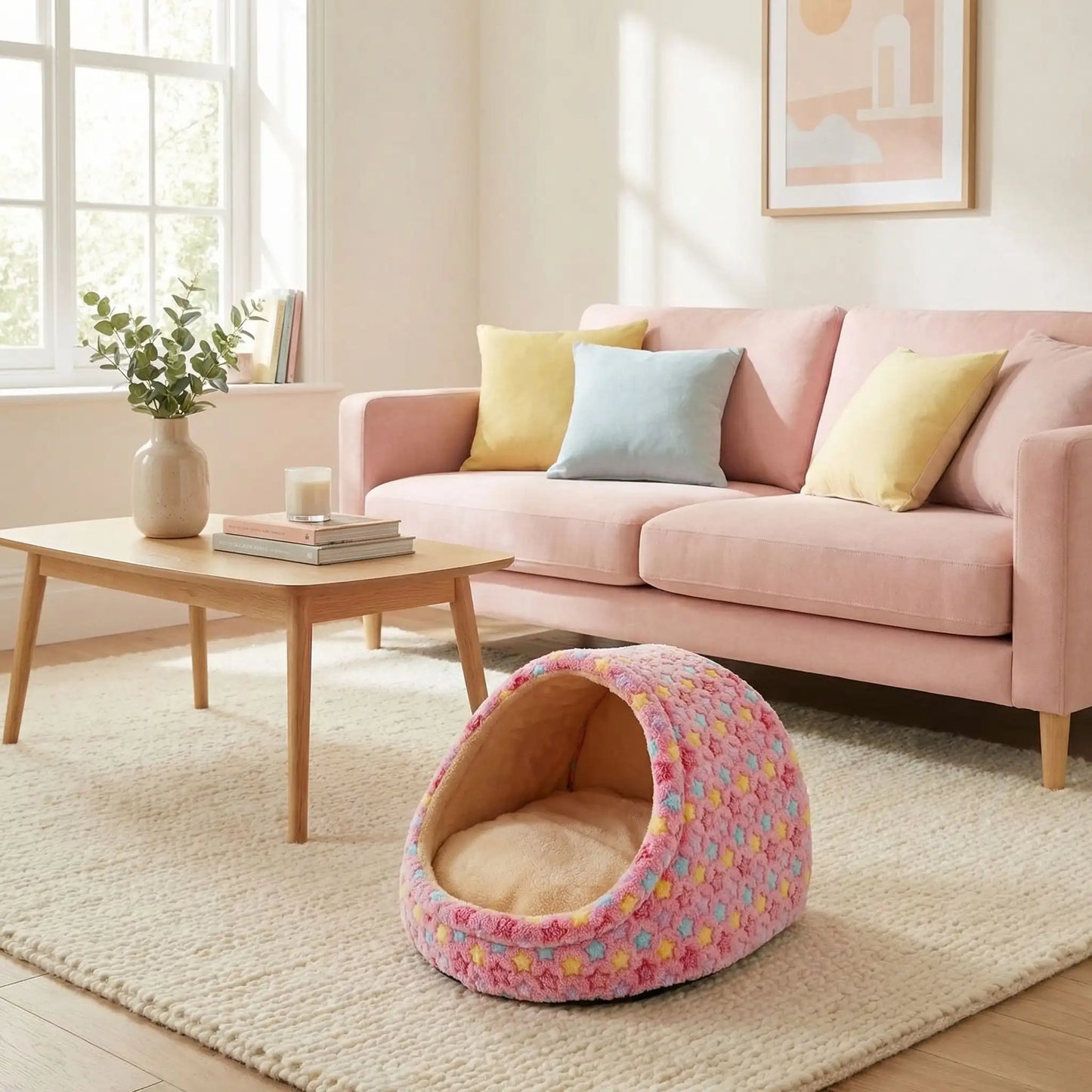 Panier-chien-niche-chiot-anti-anxiete-anti-stress avec coussin amovible déhoussable et lavable en machien, toucher velours, hypoallergénique et 100% coton haute densité avec motif étoiles en 3 coloris bleu, rose et marron pour les races de petits chiens, races naines et chiot-modèle de couleur rose cavec motif étoiles sur le sol du salon