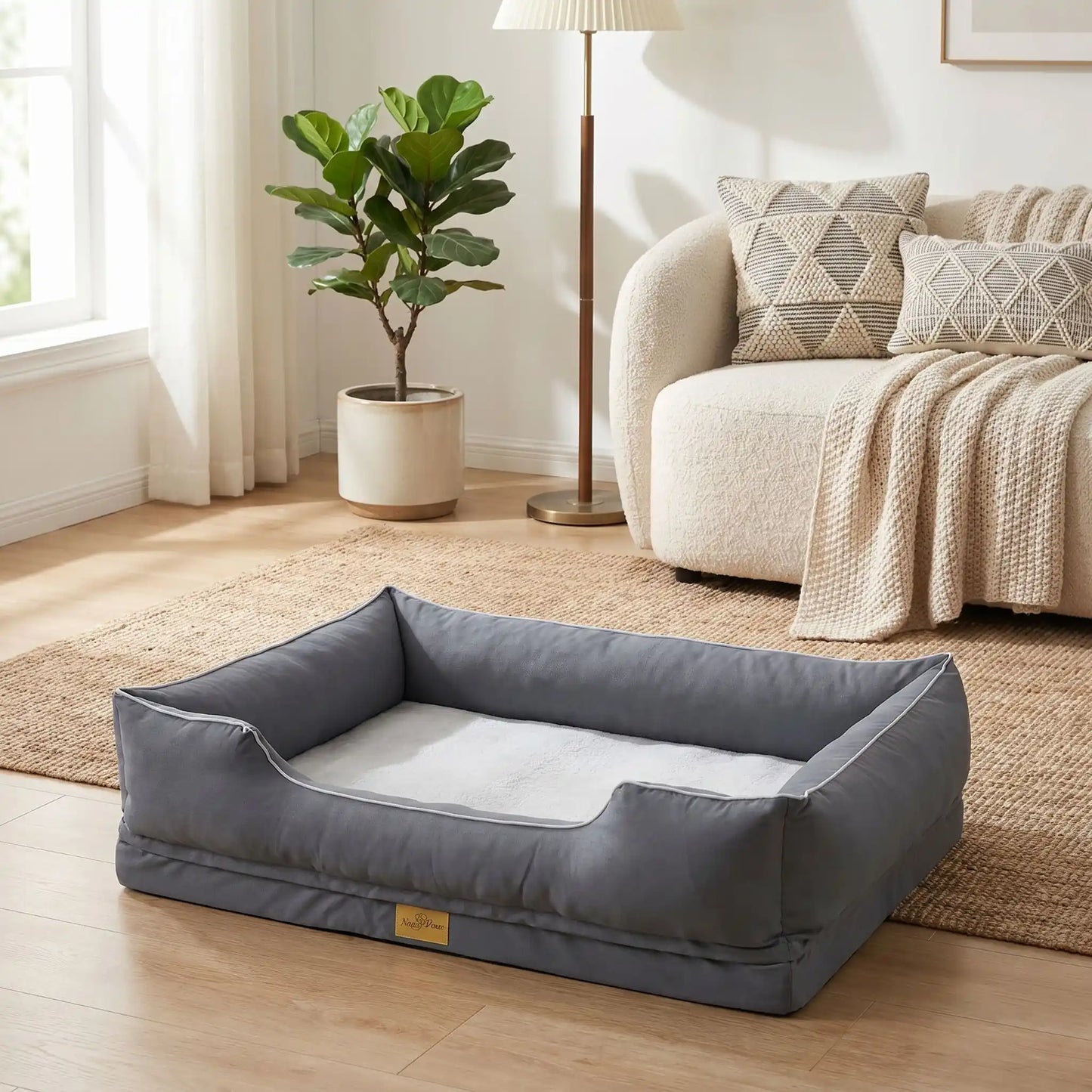 Panier-orthopedique-chien chiot entièrement déhoussable et lavable en machine, avec matelas éponge 100% coton haute résilience à mémoire de forme, imperméable et antidérapant, avec rebords surélevés et housse imperméable résistante aux griffes, intérieur enfausse fourrure de mouton hypallergénique et ultra-doux, disponible en 4 tailles M, L, XL et XXL pour chiot et chien de 0 à 60 kilos max-gros plan sur le panier orthopédique pour chien taille L avec le fond en fausse fourrure ultra douce et design épuré