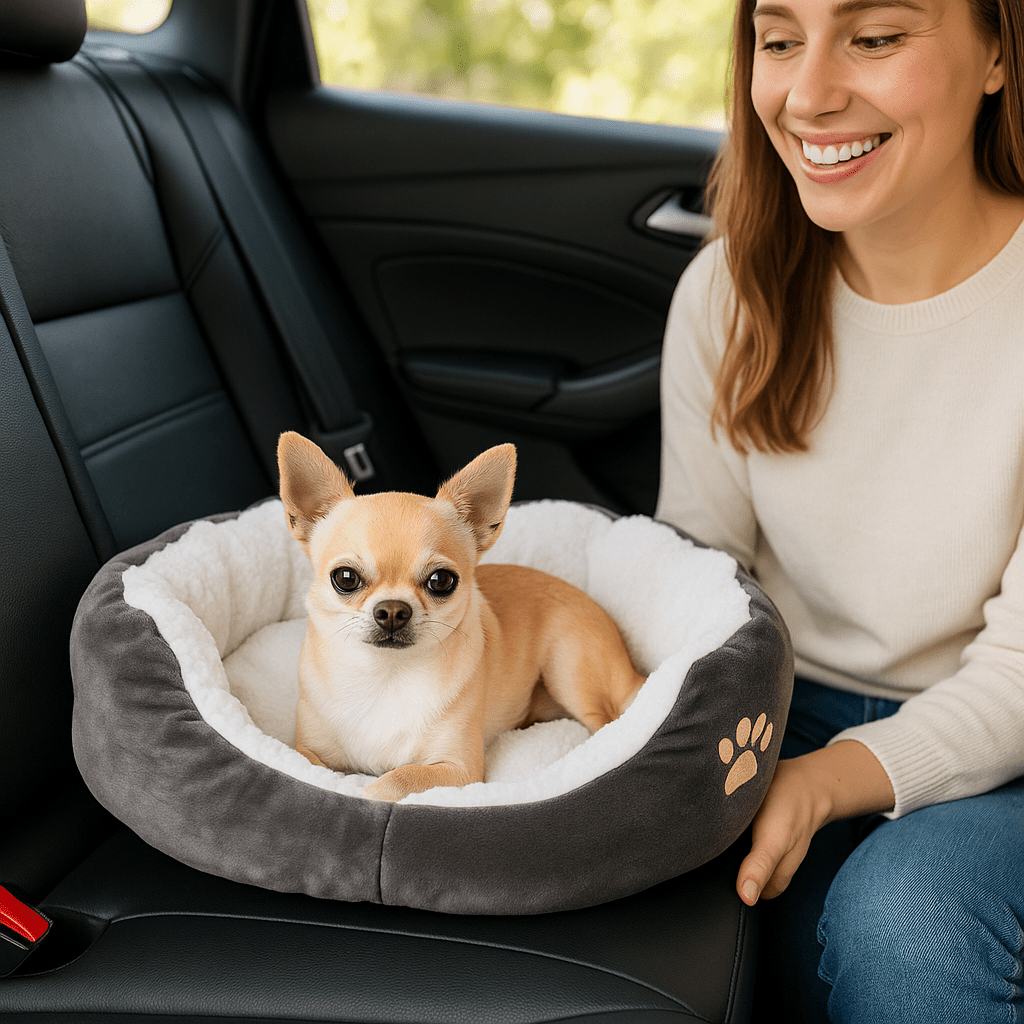 Panier-pour-chihuahua-coussin-intérieur amovible-lavable en machine-antidérapant avec rebords surélevés-lit rond chaud doux et épais ergonomique-rembourrage 100% coton haute densité et velours-un chihuahua couché confortablement dans son petit panier gris et blanc rond sur les siÚges de la voiture à cÎté de sa maitresse
